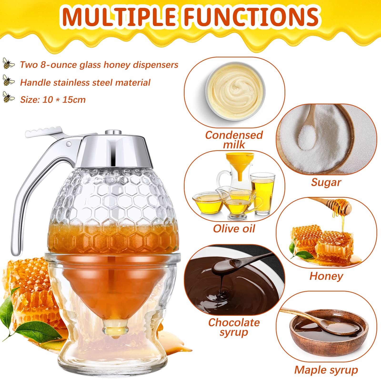 Lallisa 2 Pcs 8 Oz Glass Honey Dispenser Dripless with Stand Glass Maple Syrup Dispenser Clear