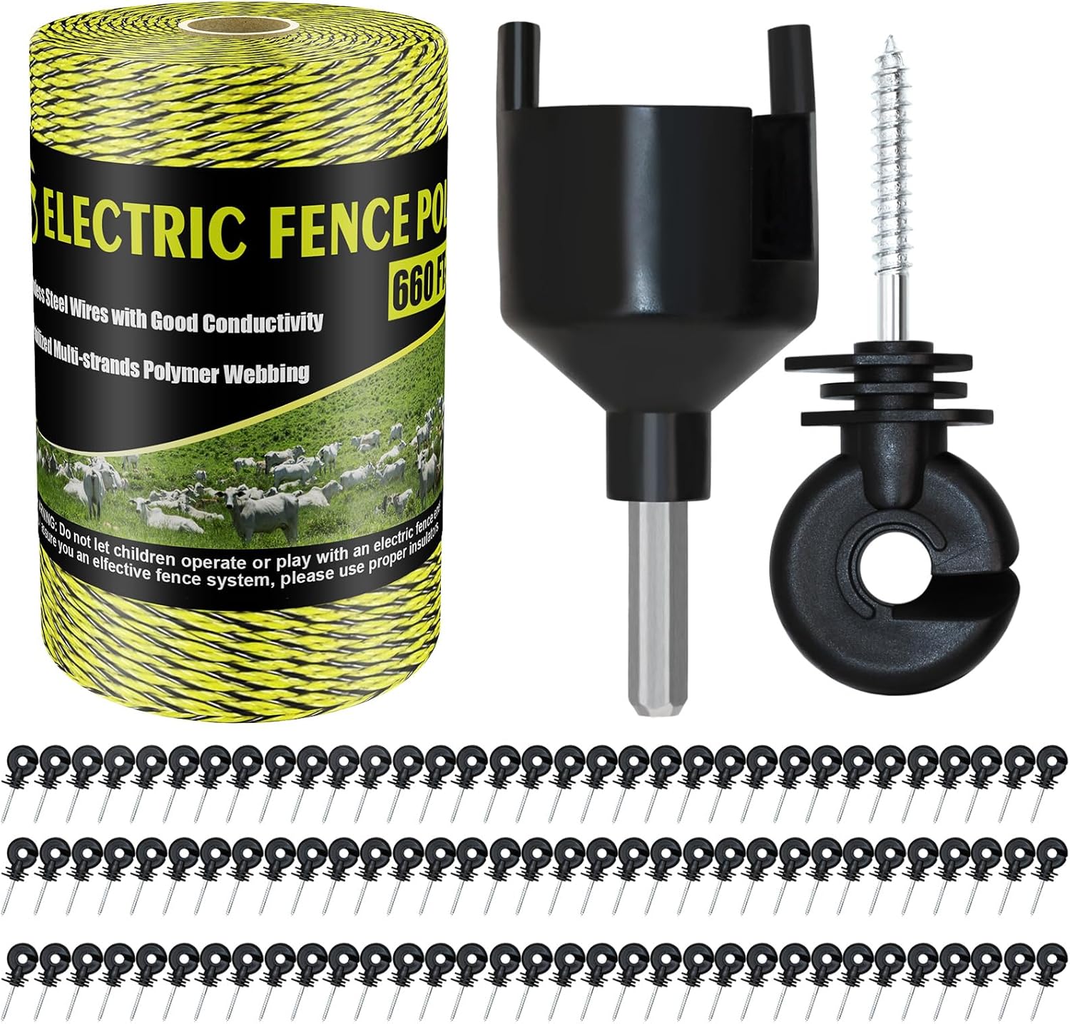 Electric Fence Poly Wire 660 Feet 200 Meters 1/8" Dia Portable Electric Fencing Polywires and 100 Pcs Black Electric Fence Insulator (Grid System Accessories for Animal Husbandry Electronic)