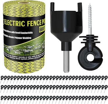 Electric Fence Poly Wire 660 Feet 200 Meters 1/8" Dia Portable Electric Fencing Polywires and 100 Pcs Black Electric Fence Insulator Grid System Accessories for Animal Husbandry Electronic