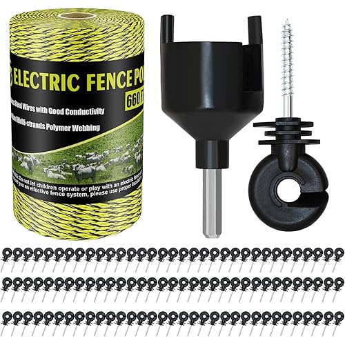Electric Fence Poly Wire 660 Feet 200 Meters 1/8" Dia Portable Electric Fencing Polywires and 100 Pcs Black Electric Fence Insulator (Grid System Accessories for Animal Husbandry Electronic)