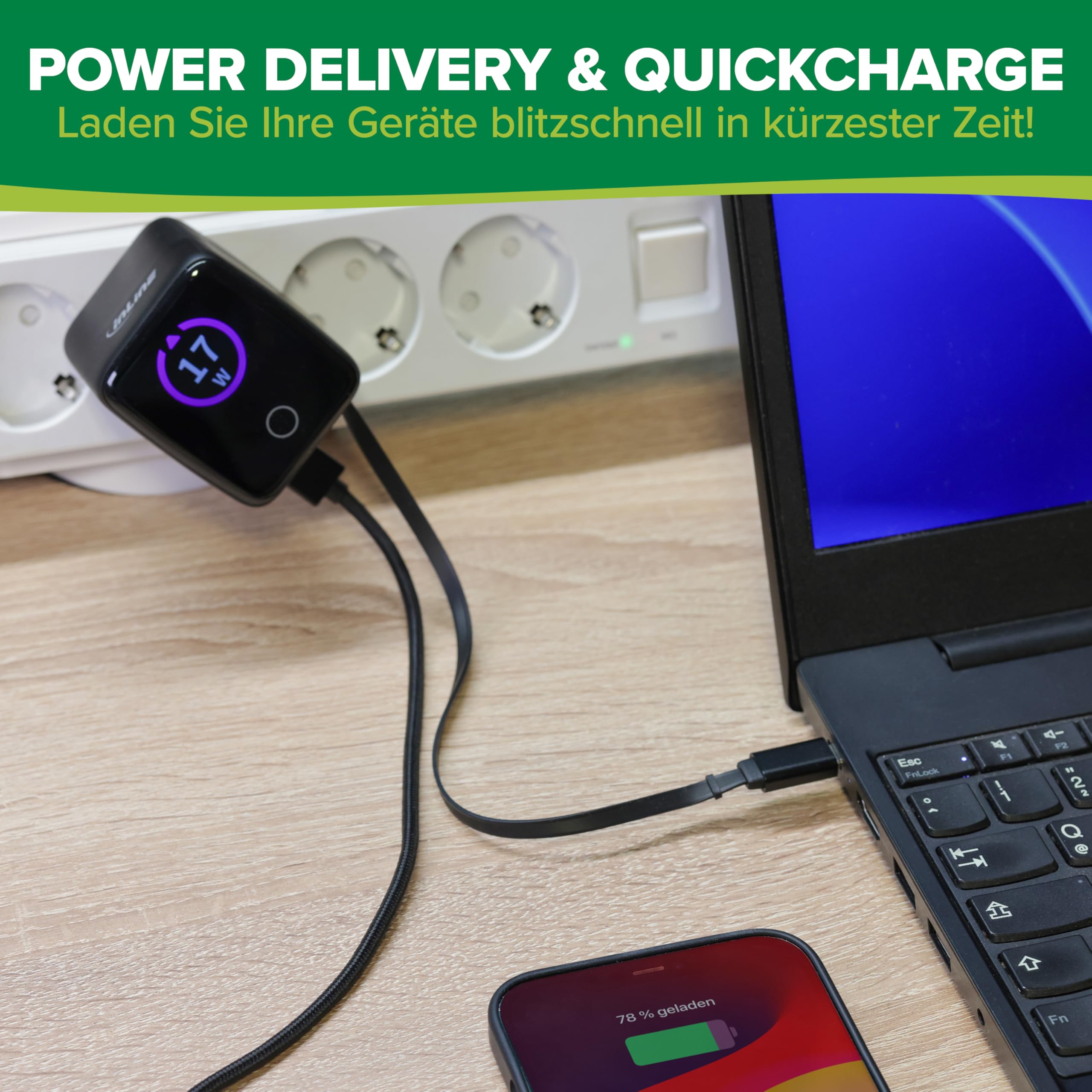 Inline Caricatore USB C & USB A 70 W, con cavo estraibile, alimentatore GaN con display, Power Delivery & Quick Charge, nero, 31507R
