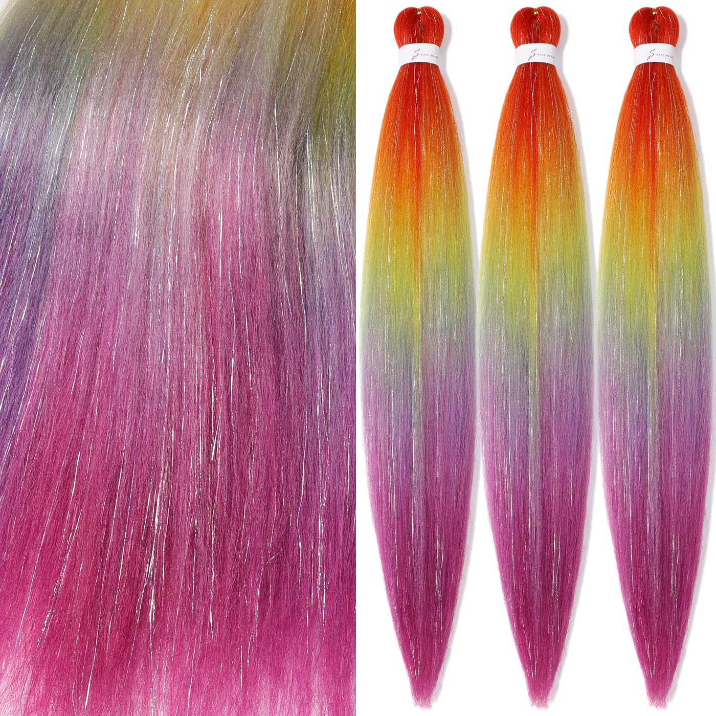 Braiding Hair 30 Inch Rainbow Braiding Hair Jumbo Braiding Hair for Festival Braids High Temperature Fiber Braiding Hair Yaki Texture Hot Water Setting (30 Inch (Pack of 3), D4-Mixed Tinsel)