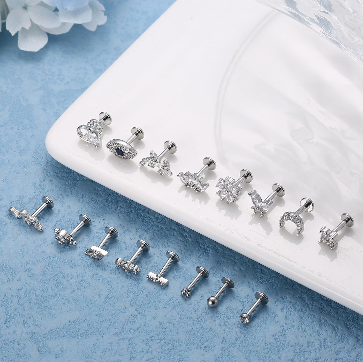 YADOCA 16Pcs 16G Tragus Piercing Jewelry Hypoallergenic Surgical Steel Tragus Earrings Internally Threaded Flat Back Medusa Labret Lip Conch Cartilage Stud Earrings for Women - Image 6