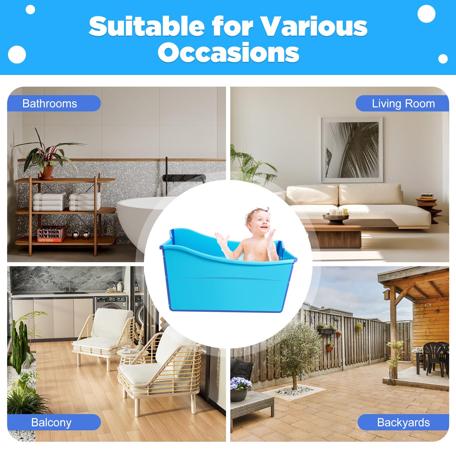 Vasca da bagno pieghevole per adulti, 98 x 50 x 56 cm, colore: blu, grande famiglia, vasca da bagno, in plastica, per doccia, sauna