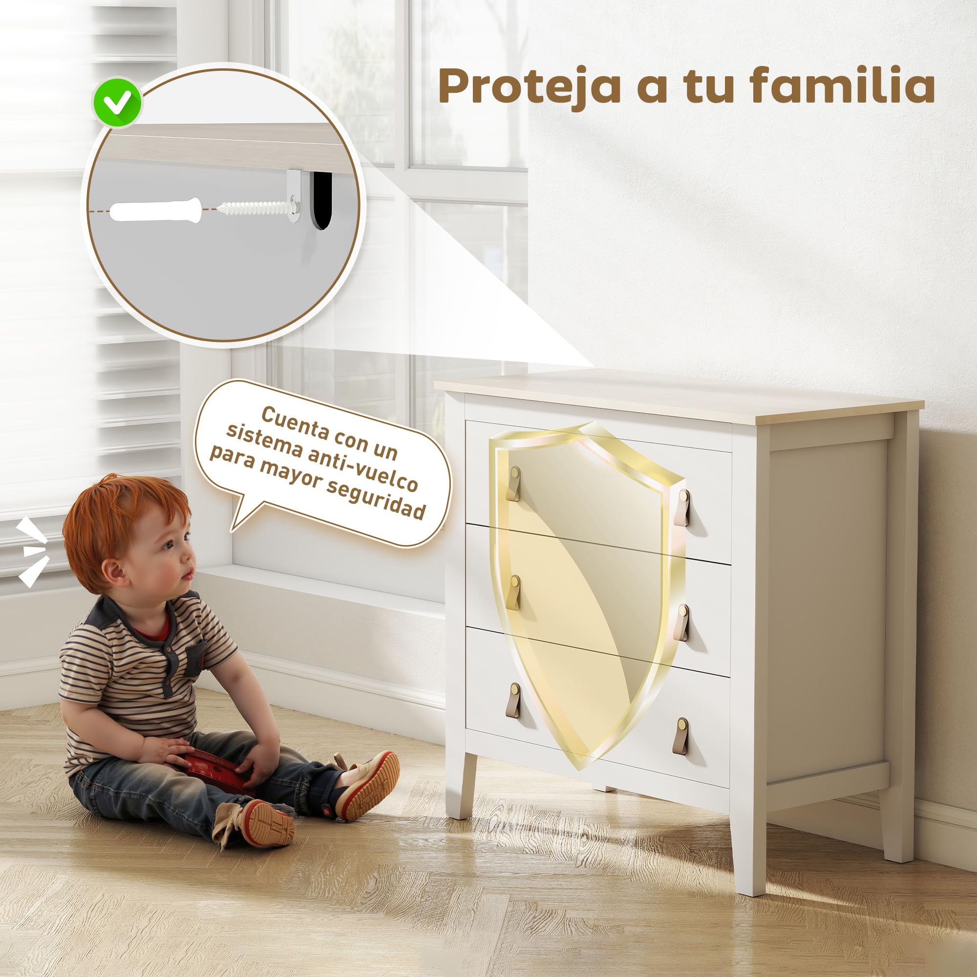 HOMCOM Cómoda de 3 Cajones Tiradores de PU Cajonera 80x40x78,5 cm Blanco | Cómoda para Dormitorio, para Salón Pasillo