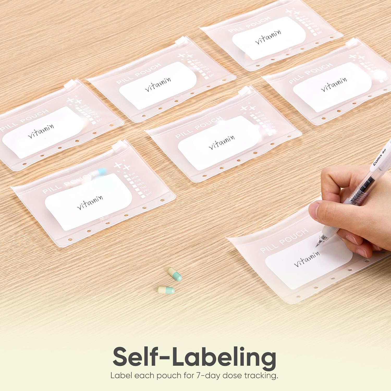 Lerine 7 Reusable Pill Pouch Bags, Zippered Pill Pouch Set, Travel Medicine Organizer with Write on Label, BPA Free Self Sealing Bags with Slide Lock, Ring Binder for Daily Vitamin, Supplement Storage - Image 5