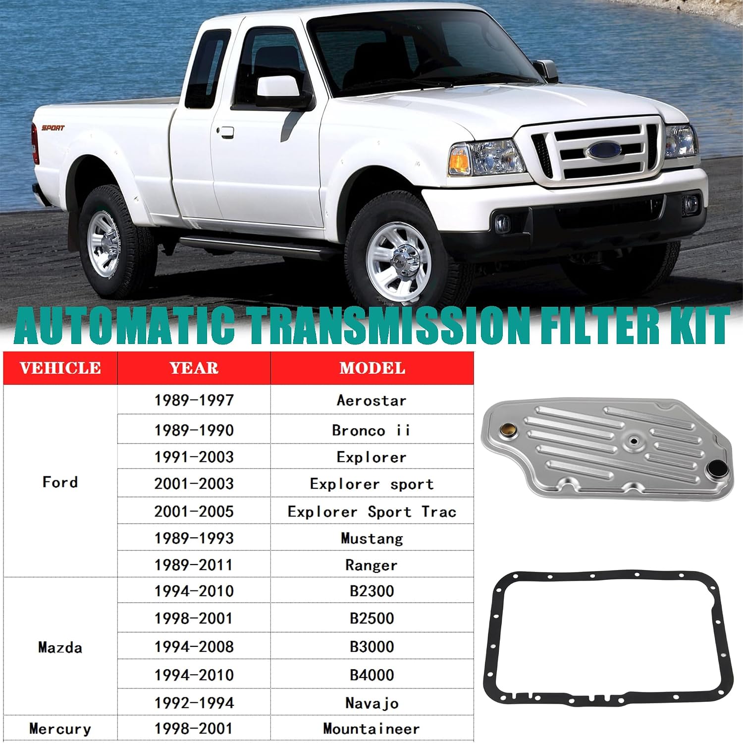 Automatic Transmission Filter Oil Pan Gasket Kit Compatible with 1989-2011 Ford Aerostar Bronco Explorer Mustang Ranger Mazda B230/B2500/B3000/B4000 Navajo Mountaineer Replaces F5TZ7A098A