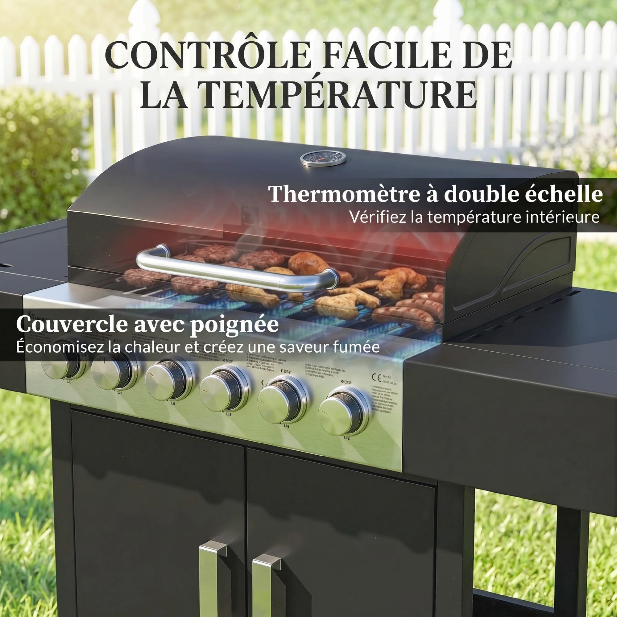 Outsunny Barbecue à gaz 6+1 brûleurs chariot portable avec roues, grille de maintien au chaud, thermomètre intégré, étagères latérales, placard et couvercle Noir