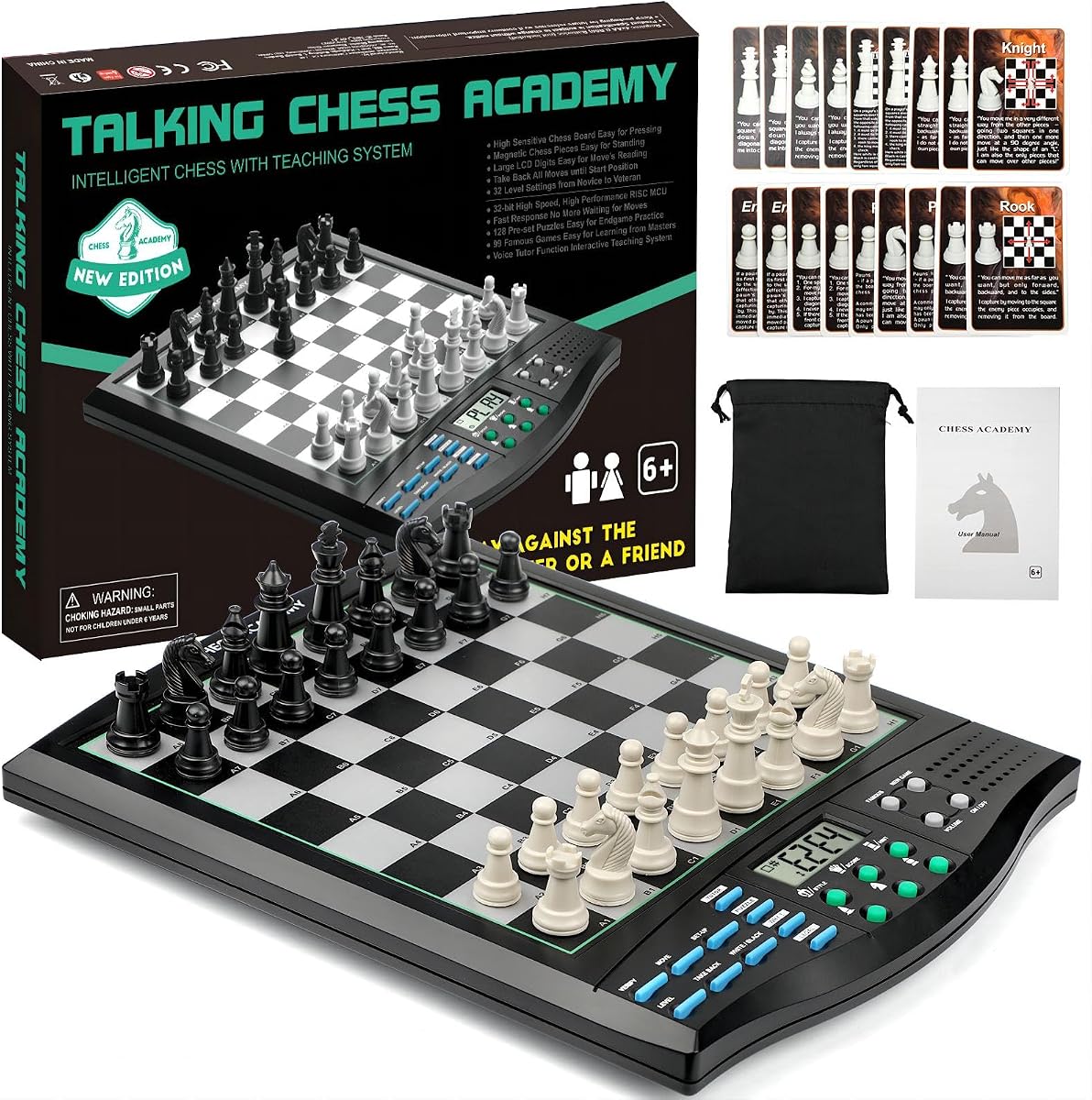 Talking Chess ACADEMY Juego de ajedrez electrónico, juego de ajedrez magnético para computadora con sistema de enseñanza interactivo para principiantes, IA avanzada para mejorar a los jugadores, perfecto para niños y adultos, simple y noble