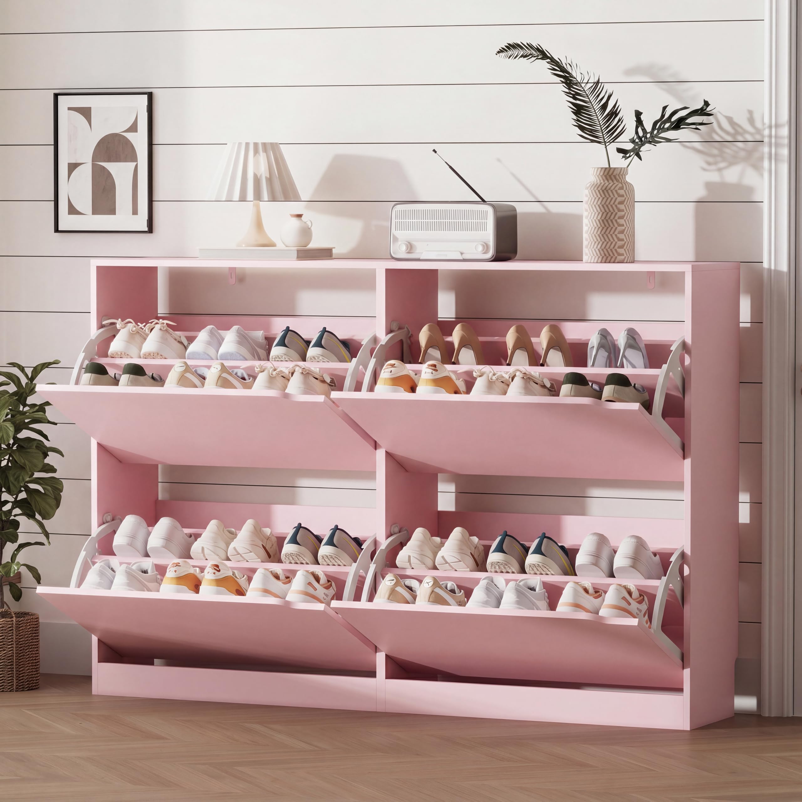Xixini Shoe Storage Cabinet for Entryway with 4 Flip Drawers, Sturdy Wood Hidden Shoe Storage, Freestanding Narrow Slim Shoe Organizer for Front Door Entrance, Living Room, Hallway, Bedroom, Pink