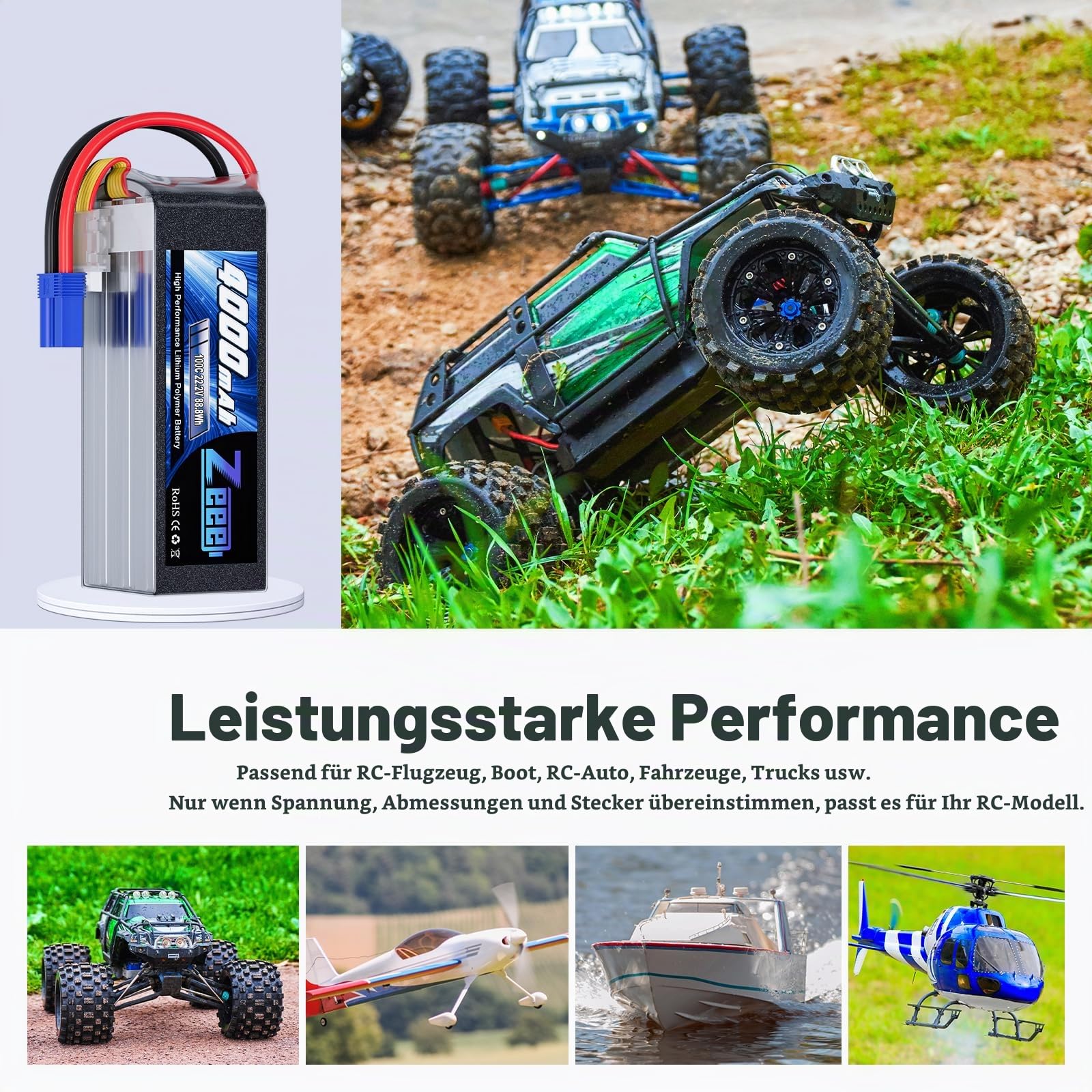 Zeee 6S Lipo Akku 4000mAh 22,2V 100C RC Batterie mit EC5 Stecker(2 STK) | RC Batterie für RC Car RC Truck RC Auto Boot Helicopter LKW Truggy RC Hobby