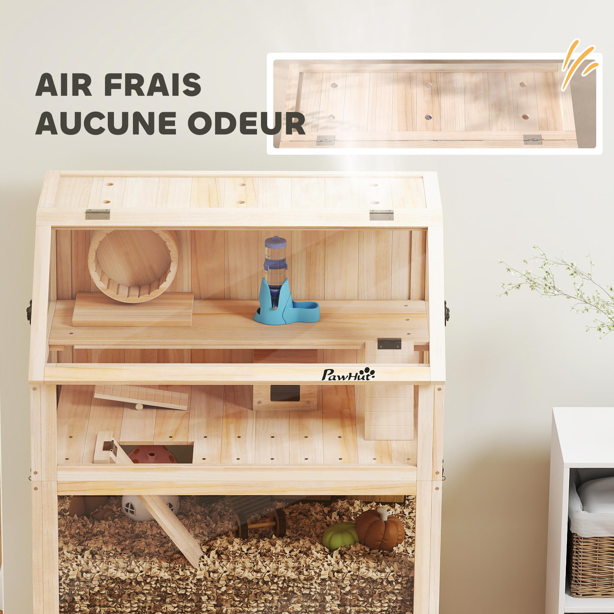 PawHut Gabbia per criceto in legno XXL – Habitat per roditori a 3 piani con pannello acrilico e ruota – Casa piccolo animale di lusso con accessori e ripiano di stoccaggio, 80 x 53 x 117 cm, effetto