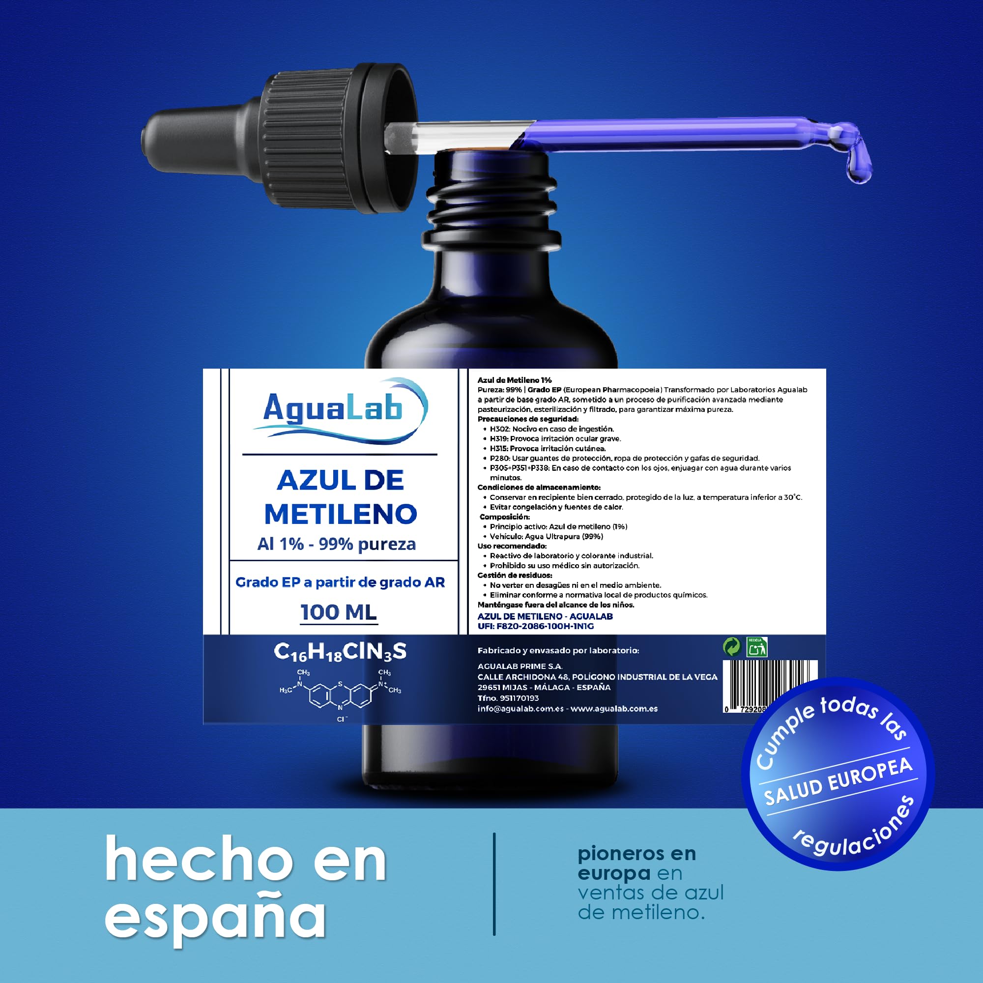 Blu di Metilene 1% Soluzione Grado EP 100 ml Alta Purezza 99% Flacone di Vetro Ambra con Dosatore