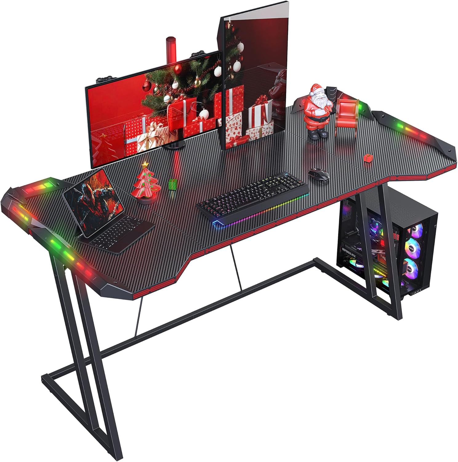 CubiCubi Gaming Desk with LED Lights, 55 Inch Z Shaped Gamer Desk, Home Game Computer Desk with Carbon Fiber Surface, Ergonomic Office PC Workstation with Cable Management, Black CubiCubi Gaming Desk with LED Lights, 55 Inch Z Shaped Gamer Desk, Home Game Computer Desk with Carbon Fiber Surface, Ergonomic Office PC Workstation with Cable Management, Black