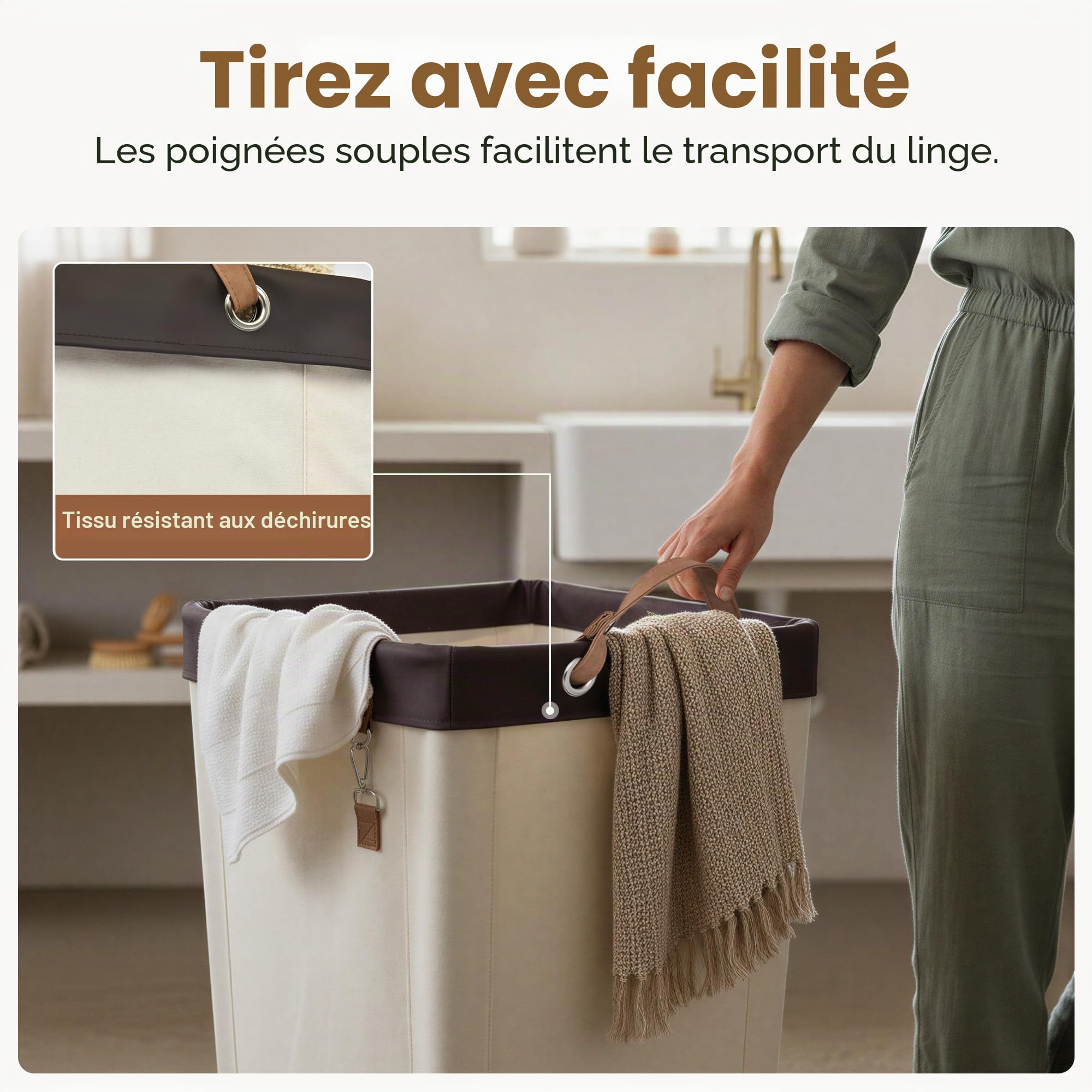 StorageWorks Panier à linge 160L avec roulettes, grand panier roulant pour organisation du linge, panier à linge sale pour hôtel, maison, placard, dortoir, beige blanc