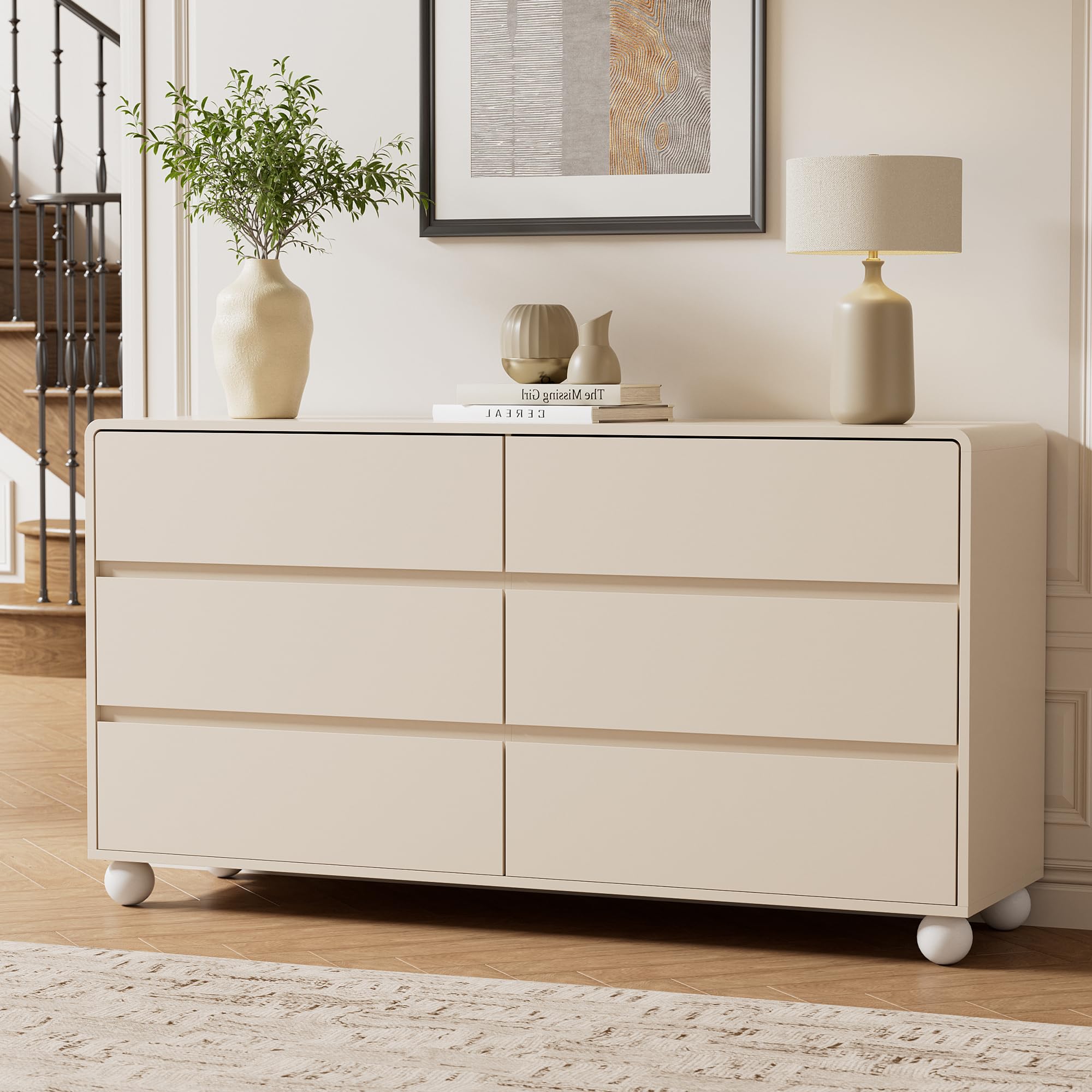 Furniway Modern 6 Drawer Dresser for Bedroom, Beige Dresser with Curved Profile Design, Minimalist Wood Chest of Drawers for Bedroom, Living Room, Hallway Entryway : Home & Kitchen