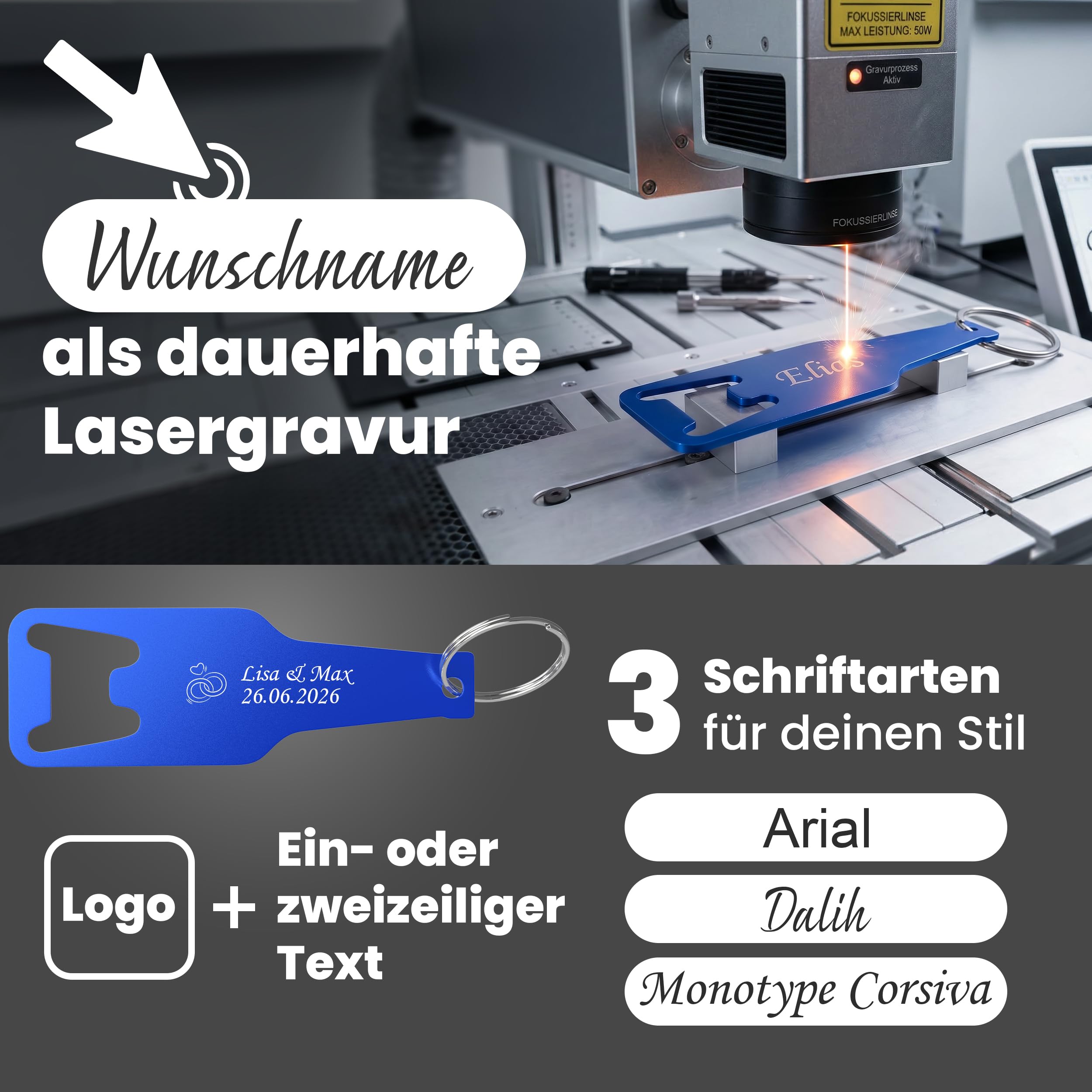 Gravurtastisch Flaschenöffner personalisiert mit Gravur - Bieröffner mit Wunschtext - Geschenk für Papa und Männer - Vatertag Hochzeit Gastgeschenk - Edelstahl (250, Blau)