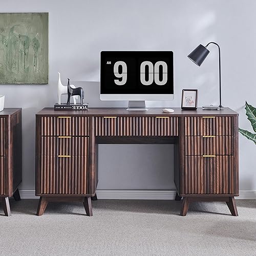 Miniatura 7 de T4TREAM - Escritorio ejecutivo acanalado con cajones, escritorio moderno de 60" para oficina en casa con estación de carga, gabinete de archivos,