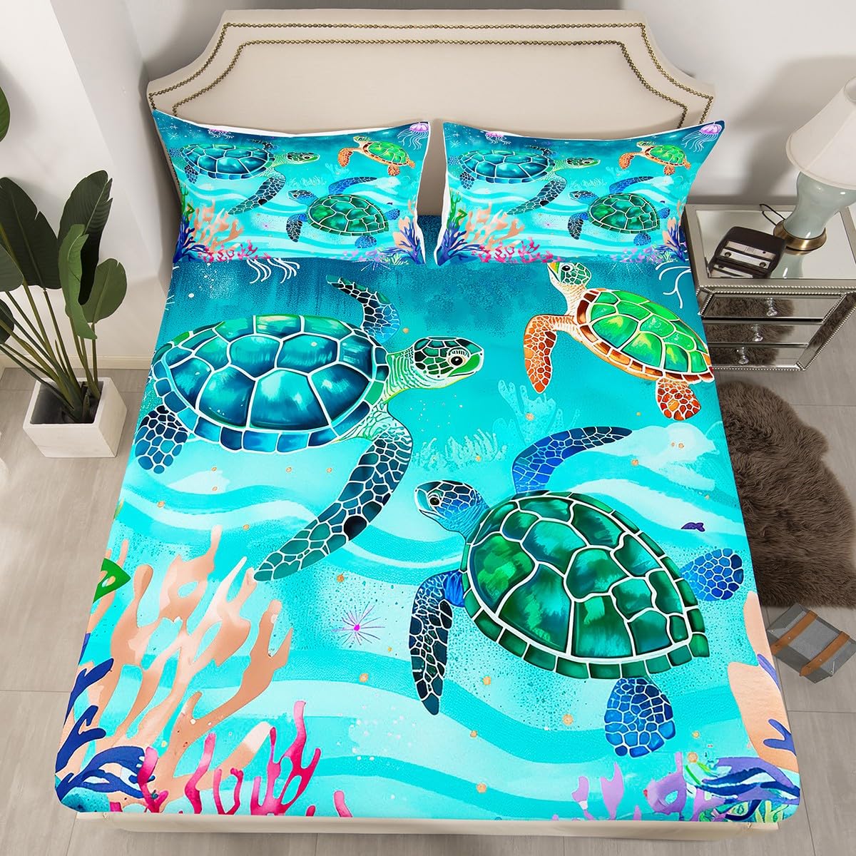 Drap housse tortue de mer 90x190 cm avec taie d'oreiller pour lit 1 personne