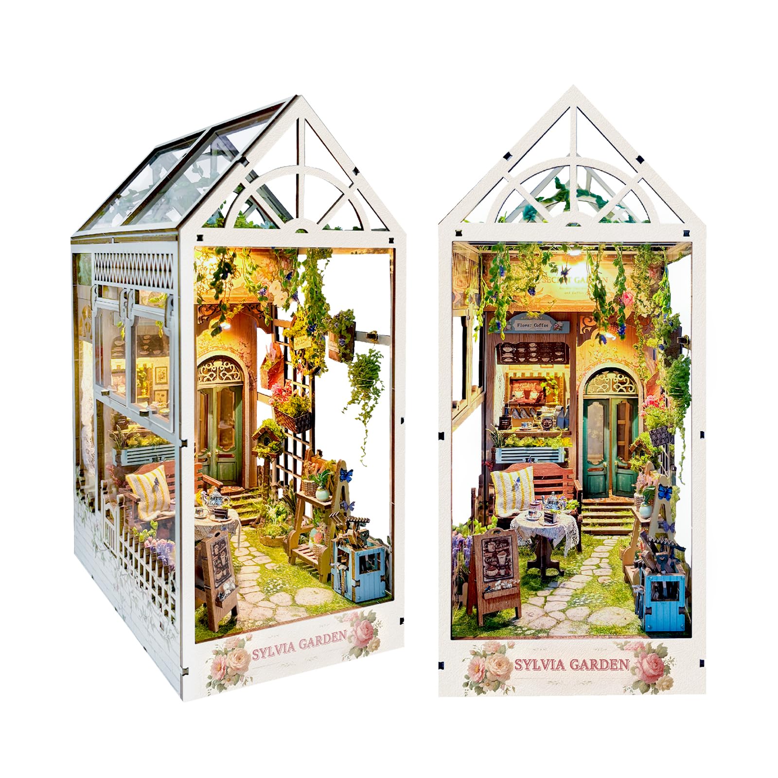 Cuteefun DIY Book Nook Kit, DIY Casa de muñecas en Miniatura, Sujetalibros de Madera 3D con Luz LED, Decoración Delicada, Adultos Adolescentes (Sylvia Garden)