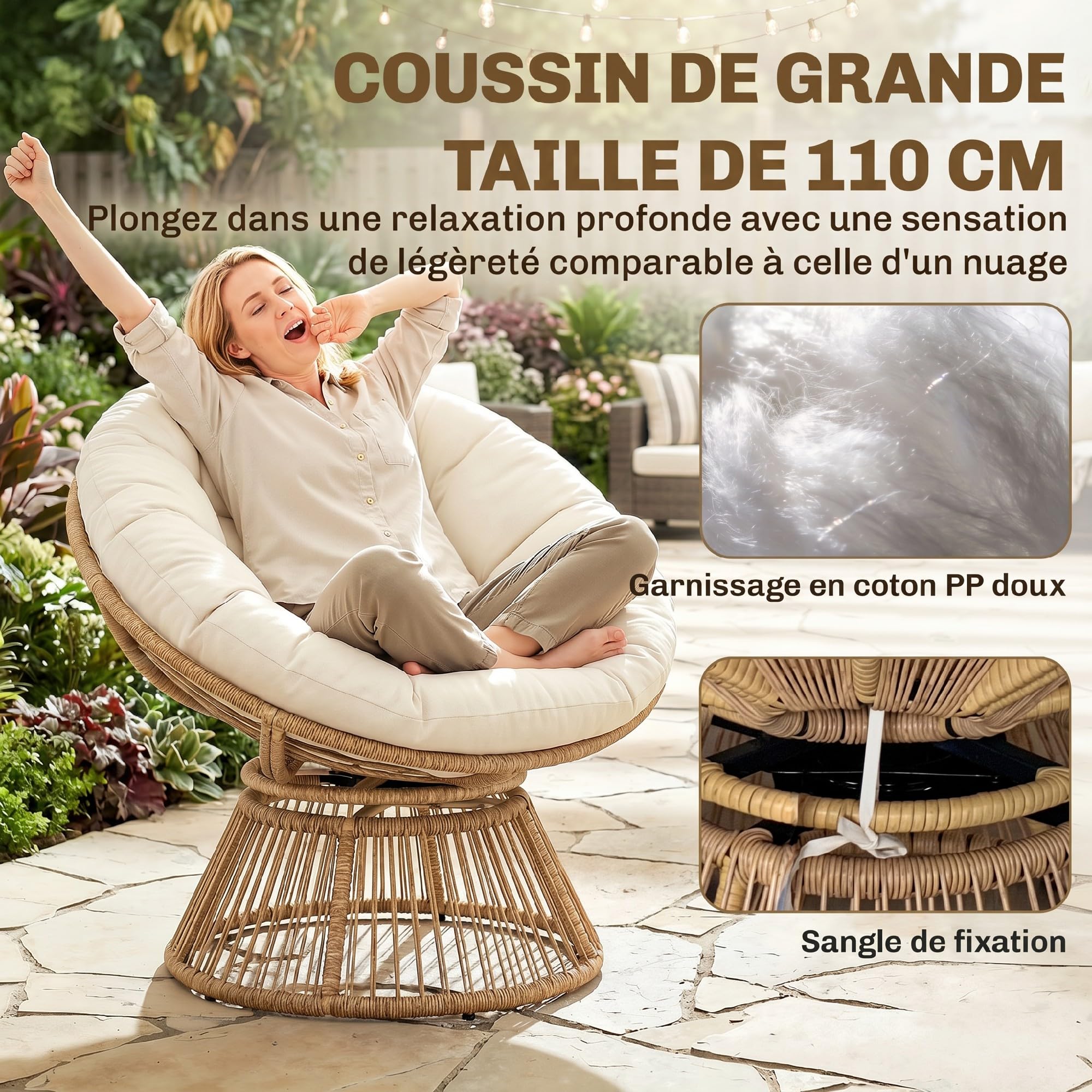 Outsunny Fauteuil Papasan Pivotant 360° avec Coussin Moelleux 12cm Fauteuil de Jardin en Polyrotin et Acier Siège Rond Relaxation pour Salon, Terrasse et Balcon Naturel
