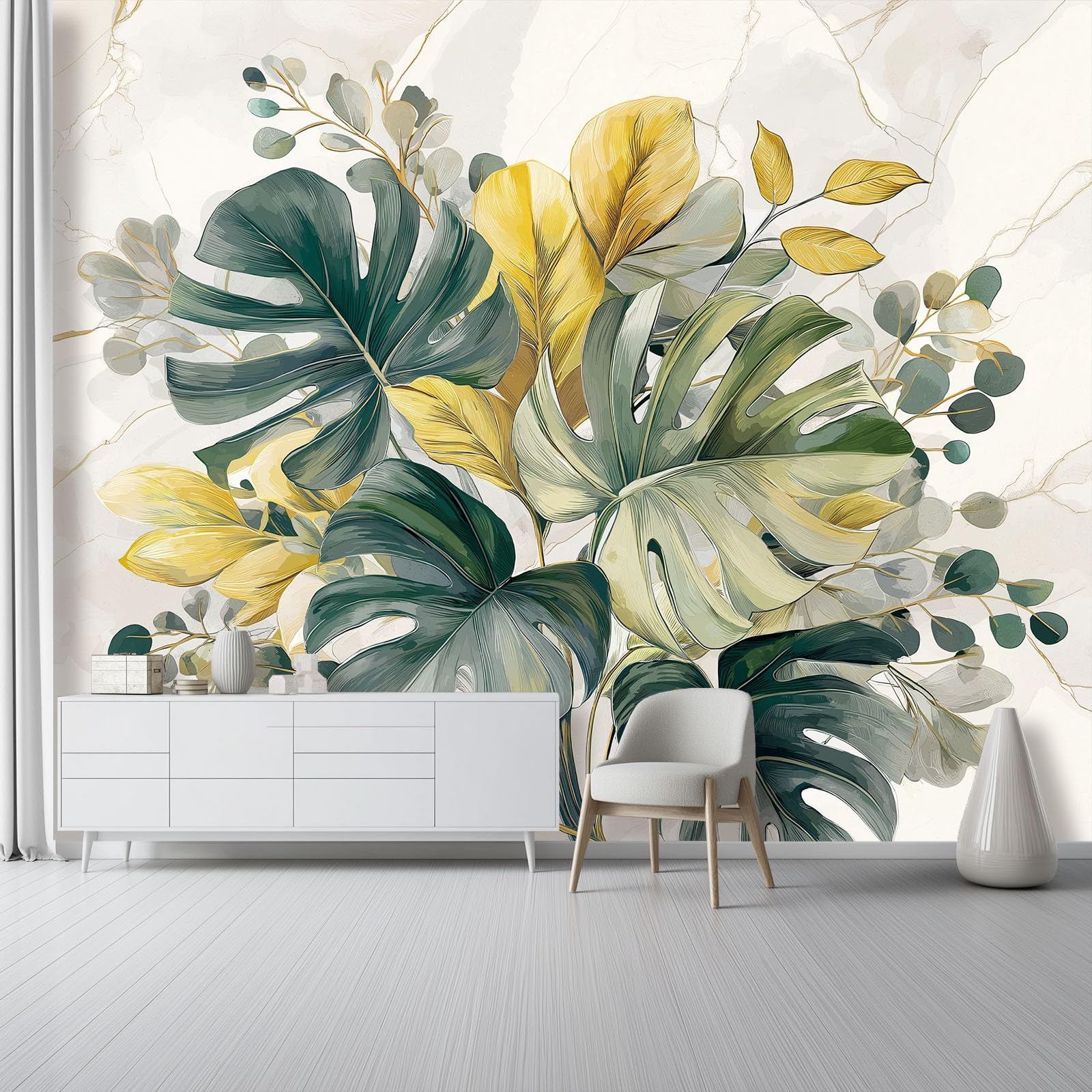 Tapeta 3D włóknina liście 400 x 280 cm styl akwarela botaniczna tapeta dekoracja ścienna do salonu sypialnia żółta zielona