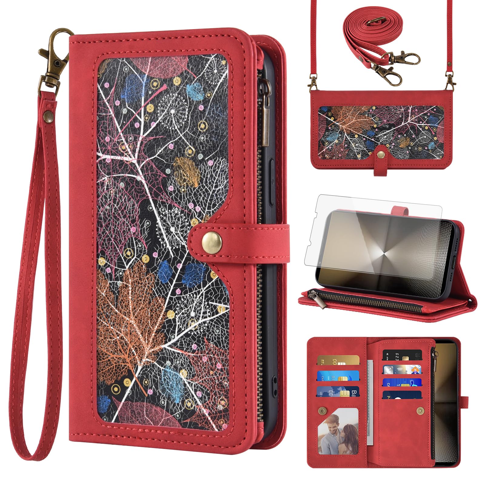 – Phone Case for Sony Xperia 1 VI (2024) Wallet Cover With Tempered Glass Screen Protector Crossbody Wrist Strap Leather Flip Pattern Zipper Credit Card Holder Stand Cell 1VI 5G XQ-EC44 XQ-EC54 Red