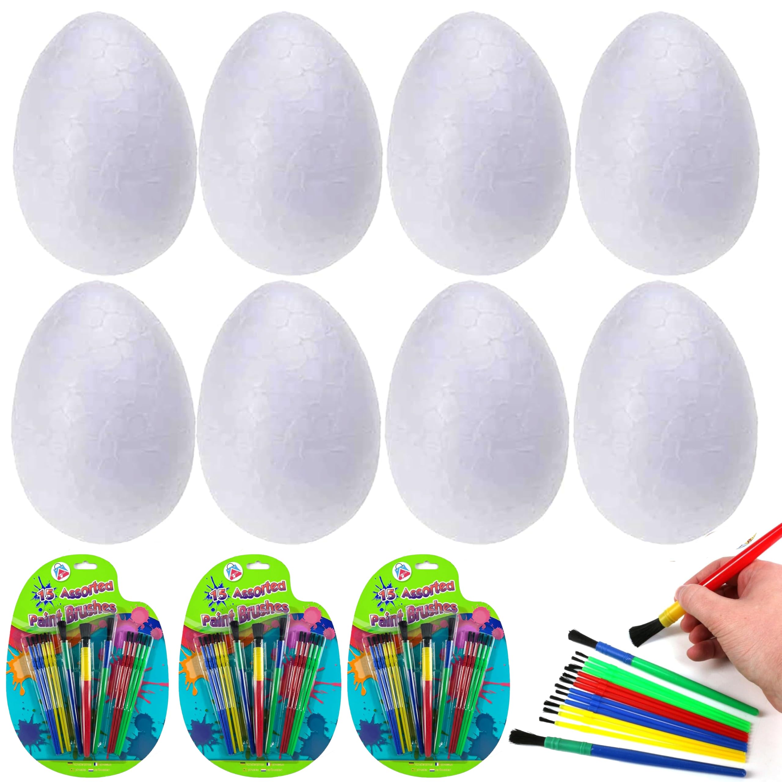 HOVUK 53PCs White Polystyrene Eggs with Paint Brushes - Easter Styrofoam Eggs Foam Balls for Easter Crafts and Displays, Decoration, Staining or Painting