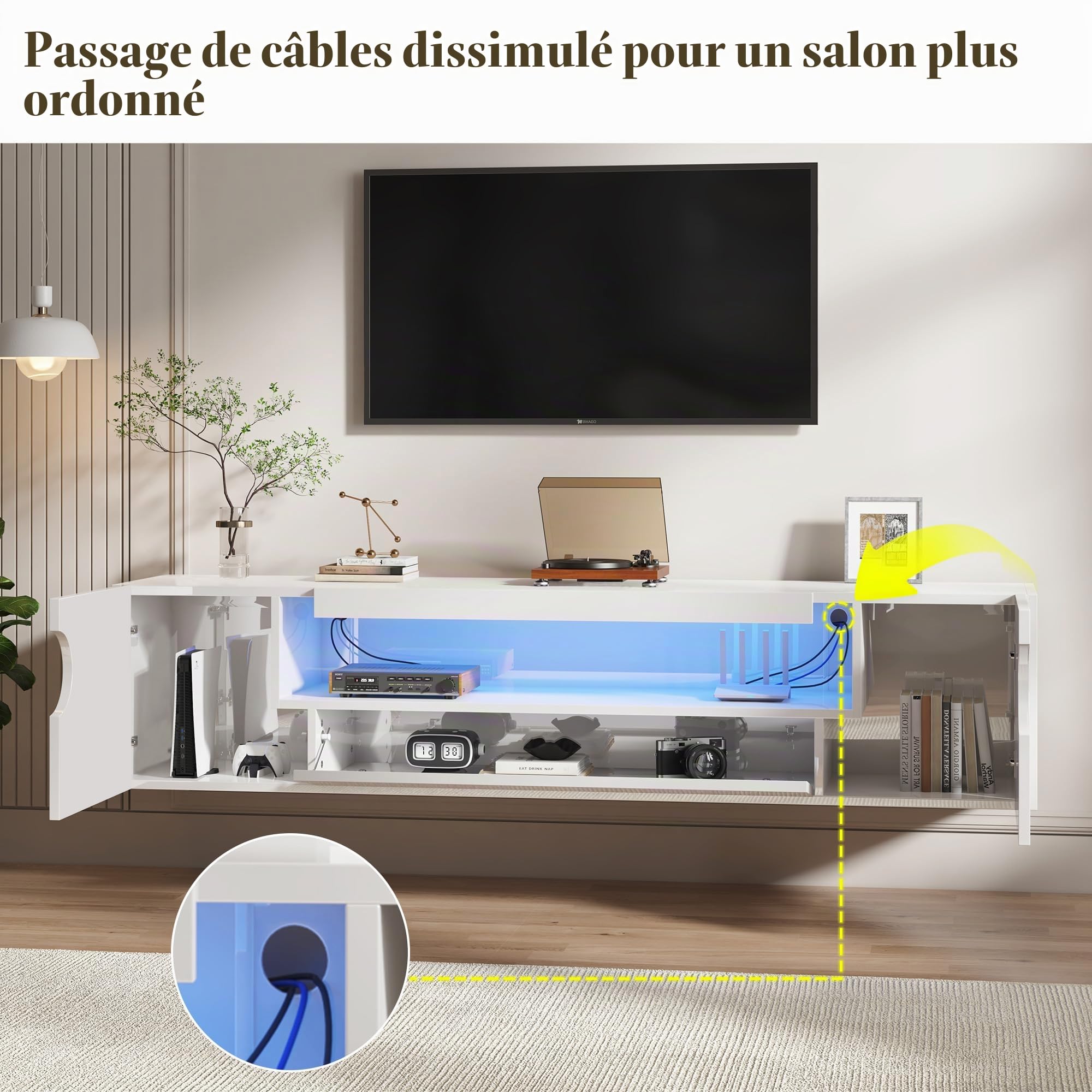 LUXOAK Meuble TV Suspendu 160 cm, Meuble TV Blanc Brillant avec LED RGB, Meuble Télé Suspendu pour 55–75 Pouces, Support TV Mural avec Rangement et Gestion des Câbles