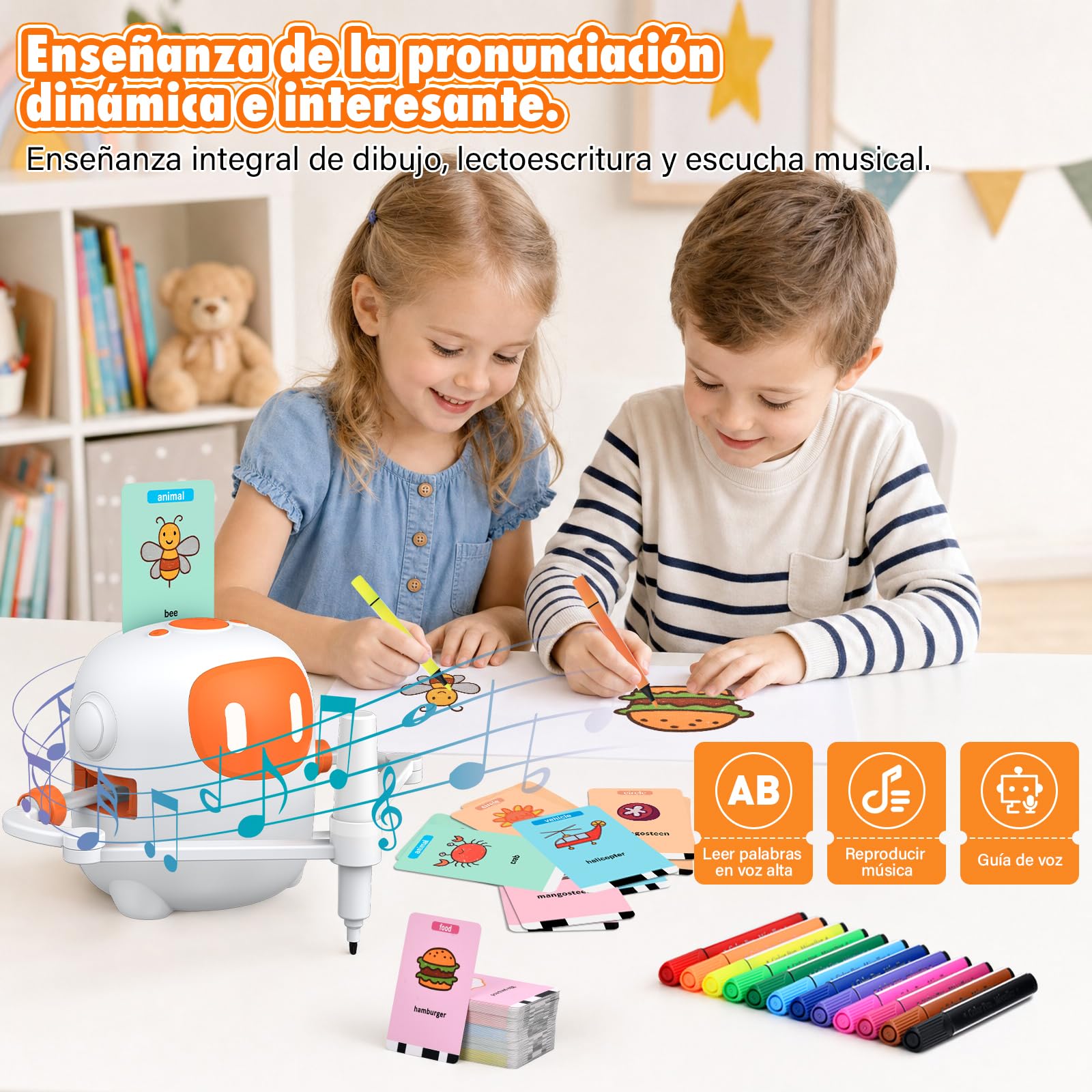 Robot de Dibujo Infantil con 100 Tarjetas y 12 Rotuladores, Juguete con Interacción por Voz Que Fomenta Concentración y Paciencia, Regalo Ideal para Niños Mayores de 3 Años, Blanco