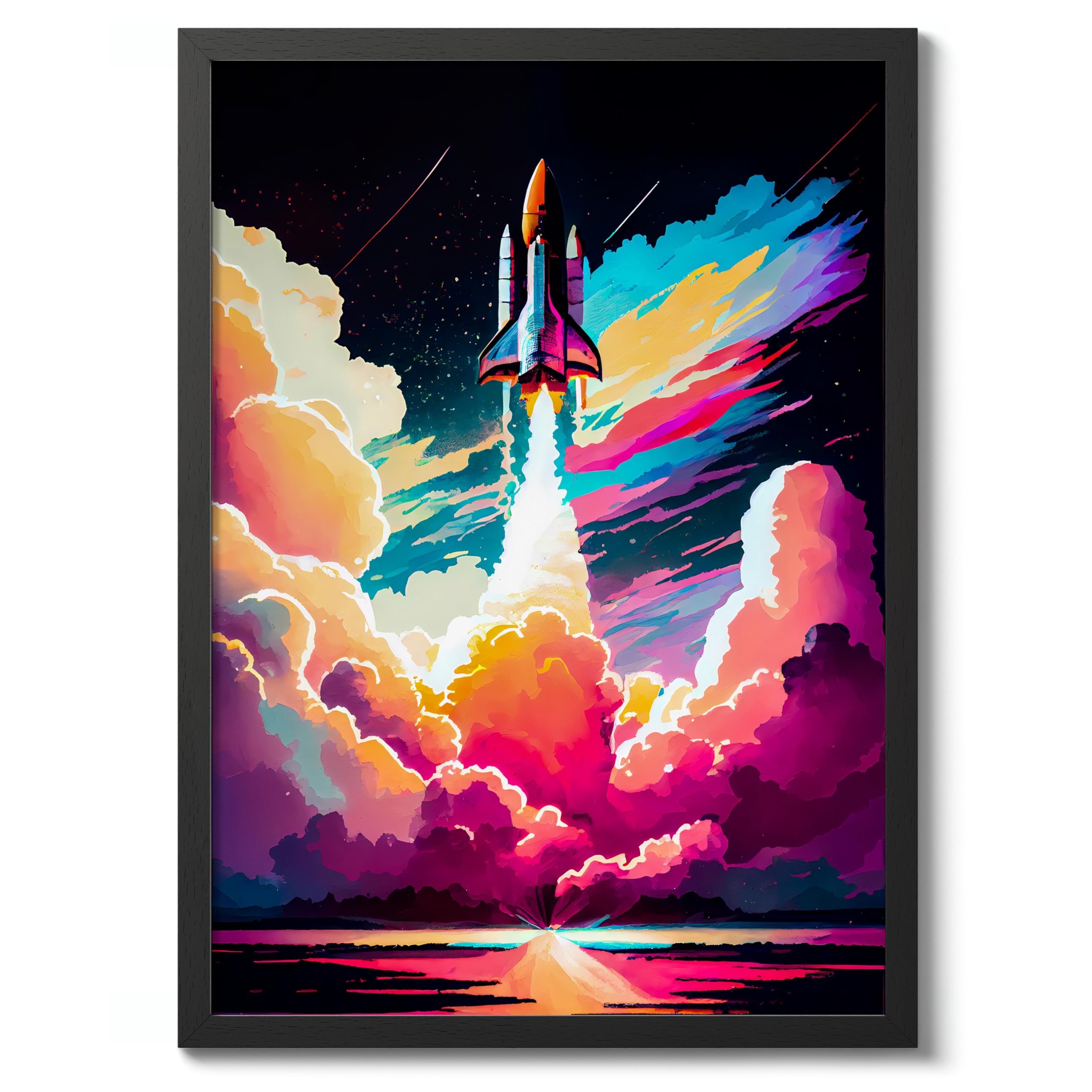 Shuttle Launch Space Poster, Colourful Abstract Astronomy Wall Art Home Decor, Astronaut Planets Print, Archival Matte, 50x70cm (Black Frame) - 50x70cm — image 1