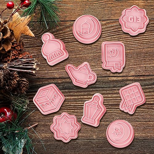 Miniatura 5 de YEJAHY 10 moldes de galletas Eid Mubarak, cortador de galletas con sello de émbolo, sello de galletas 3D, moldes de sello de prensa de galletas para