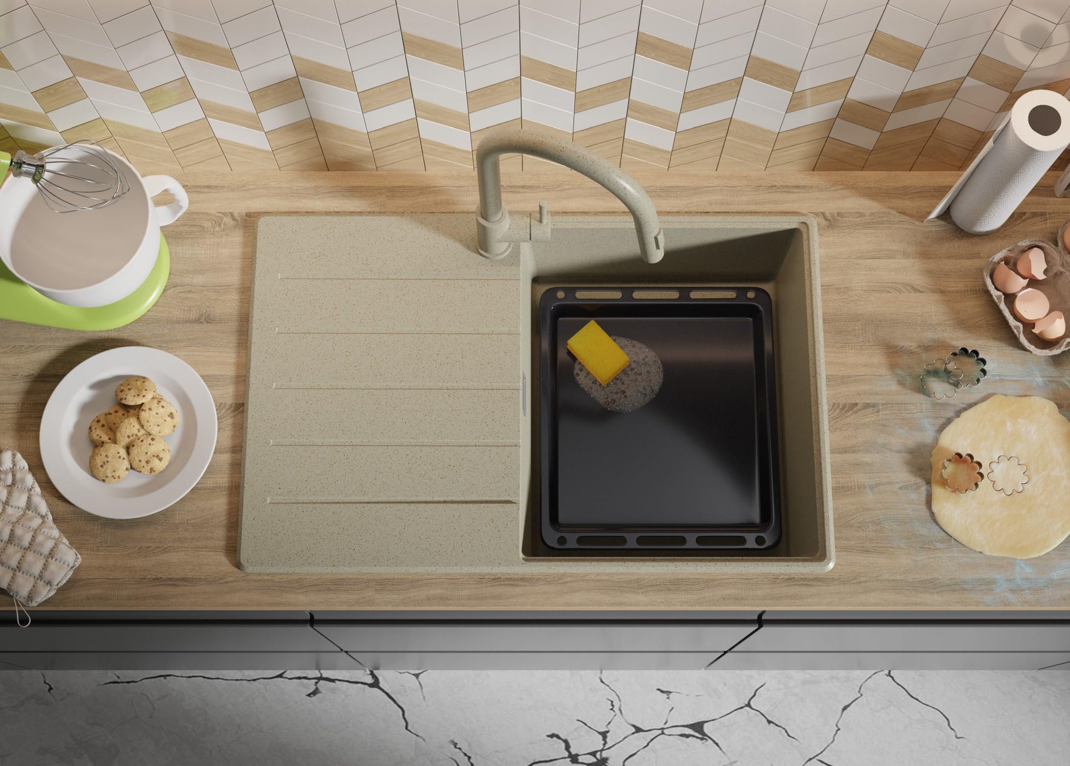 PRIMAGRAN Fregadero Cocina Beige 78x50cm, Granito 1 Seno + Sifón + Enrollable Escurridor, Sobre Encimera al Mueble 50cm - Copenhague Top S510