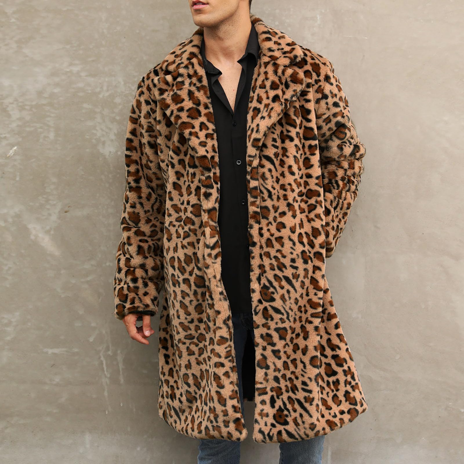 KHIRVWL Herren Pelzmantel Leopard Mantel Elegant Wintermantel Warme Kunstpelz Flauschige Mode Mantel Oversize Wintermantel Faux Fur Flauschige Fellmantel Kunstpelzmantel Lang
