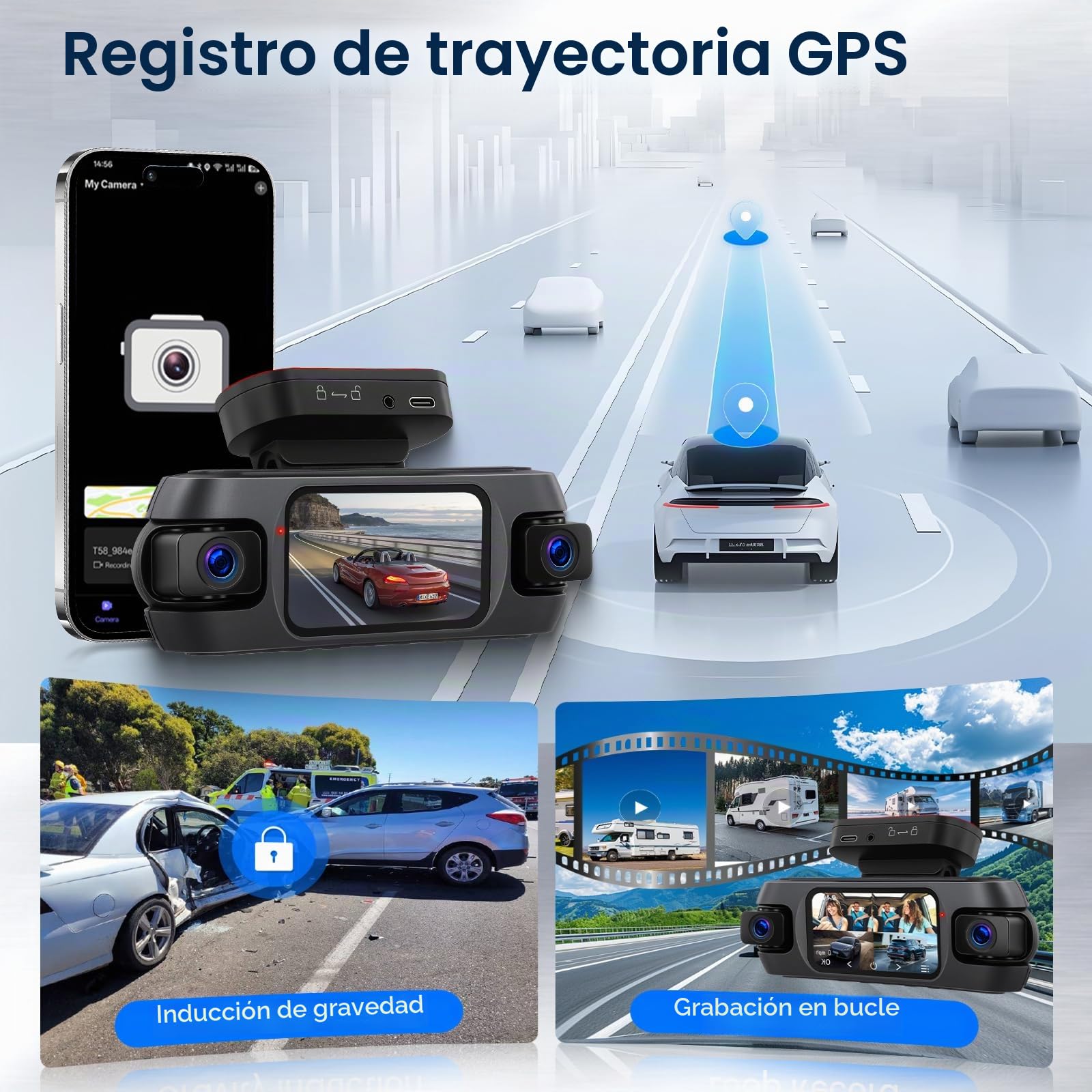 Hodozzy 4K Cámara de Salpicadero Delantera y Trasera de 360° con 4 Cámaras con 5GHz WiFi, Visión Nocturna IR, Ayuda Inversa, Grabación en Bucle, Sensor G，Control de la App,Posicionamiento GPS DASHCAM