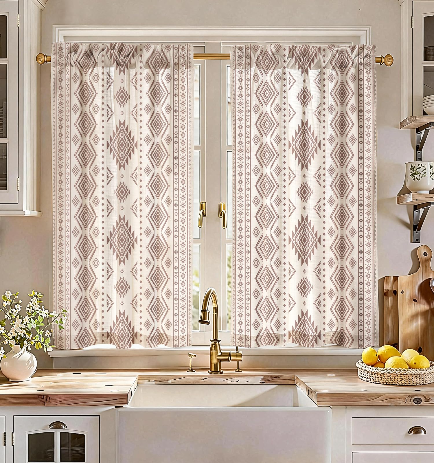 Miss Adola Boho Kitchen Tier Curtains, 45 Inch Length, Boho Stripes