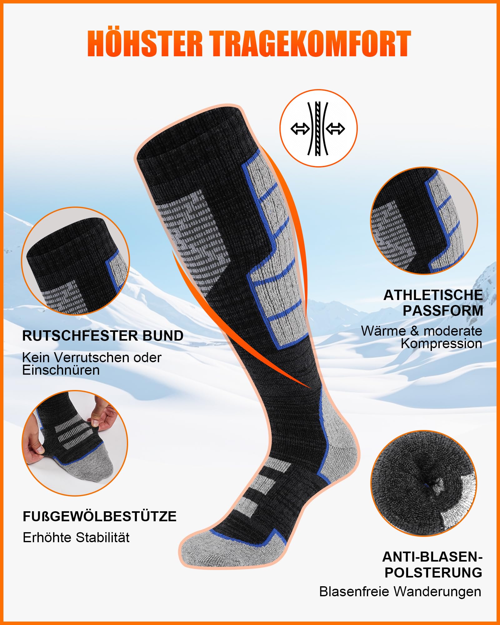 Niofind Calcetines de esquí de merino para hombre y mujer, 2 pares, de rizo completo, calcetines térmicos, calcetines cálidos de invierno, calcetines de esquí que absorben la humedad para clima frío
