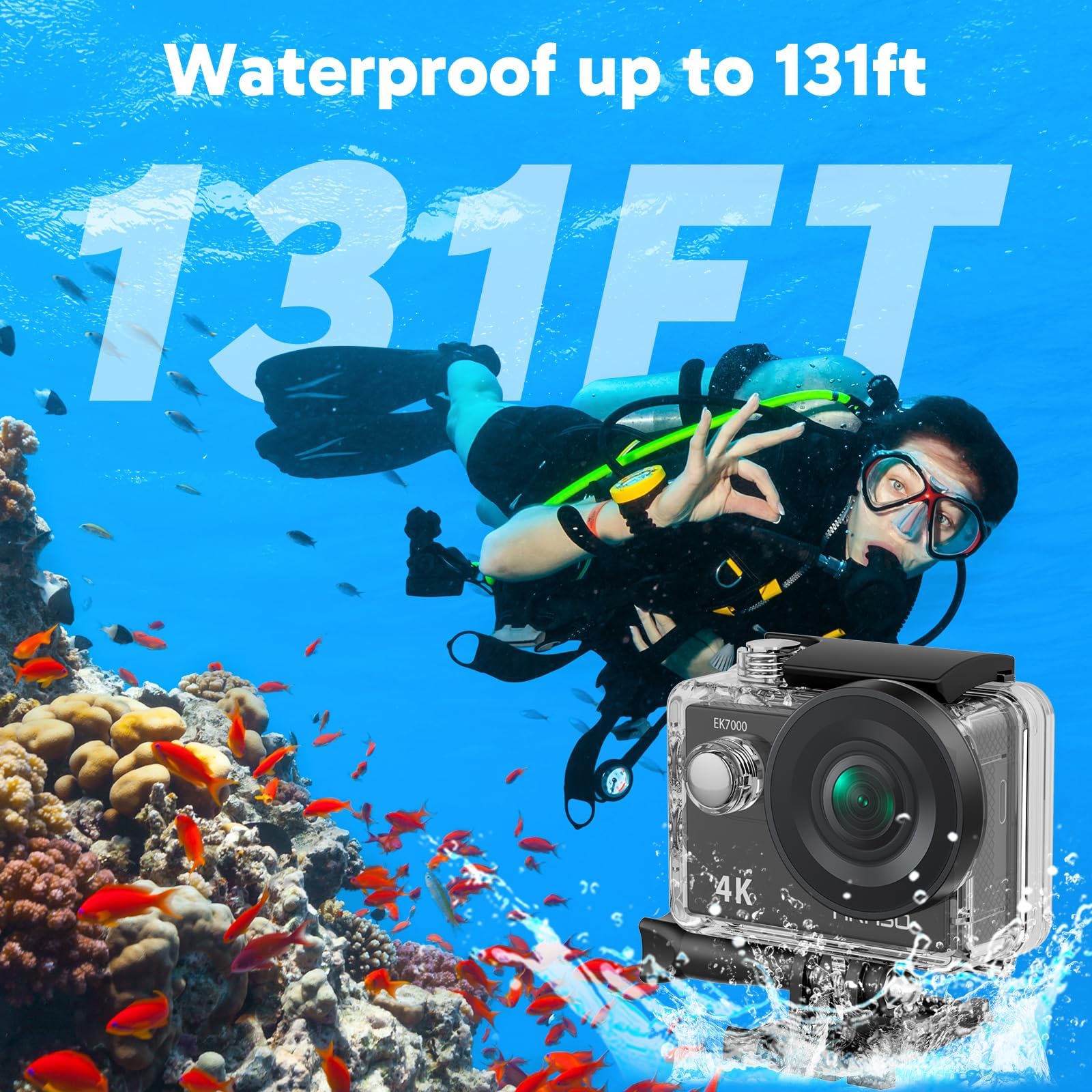 AKASO EK7000 4K30FPS 20MP WiFi Action Camera with EIS Ultra HD 131FT Waterproof Underwater Camera Remote Control 4X Zoom Support External Microphone: Black