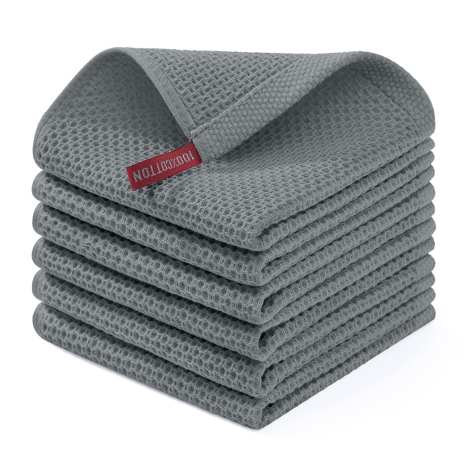 Homaxy 100% Cotton Waffle Weave Kitchen Dish Cloths 6-Pack, Grey