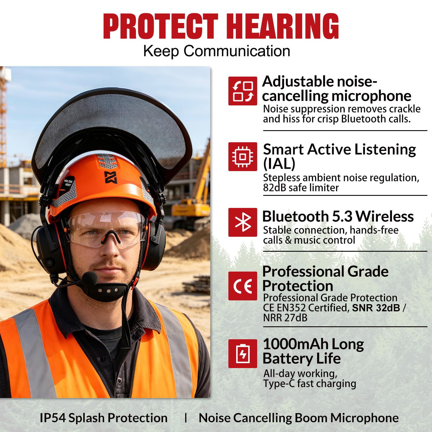 HEARMOR VOLTEK - Casco de seguridad para silvicultura (ABS, equipado con Bluetooth 5.3, protección para los oídos LD HM, ofrece una protección completa para la cabeza, los ojos, la cara y el oído, a