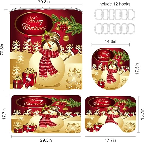 Miniatura 7 de Juego de 4 cortinas de ducha con diseño de Feliz Navidad con alfombras de baño antideslizantes, tapa de inodoro, tapete de baño, cortina de ducha, 4