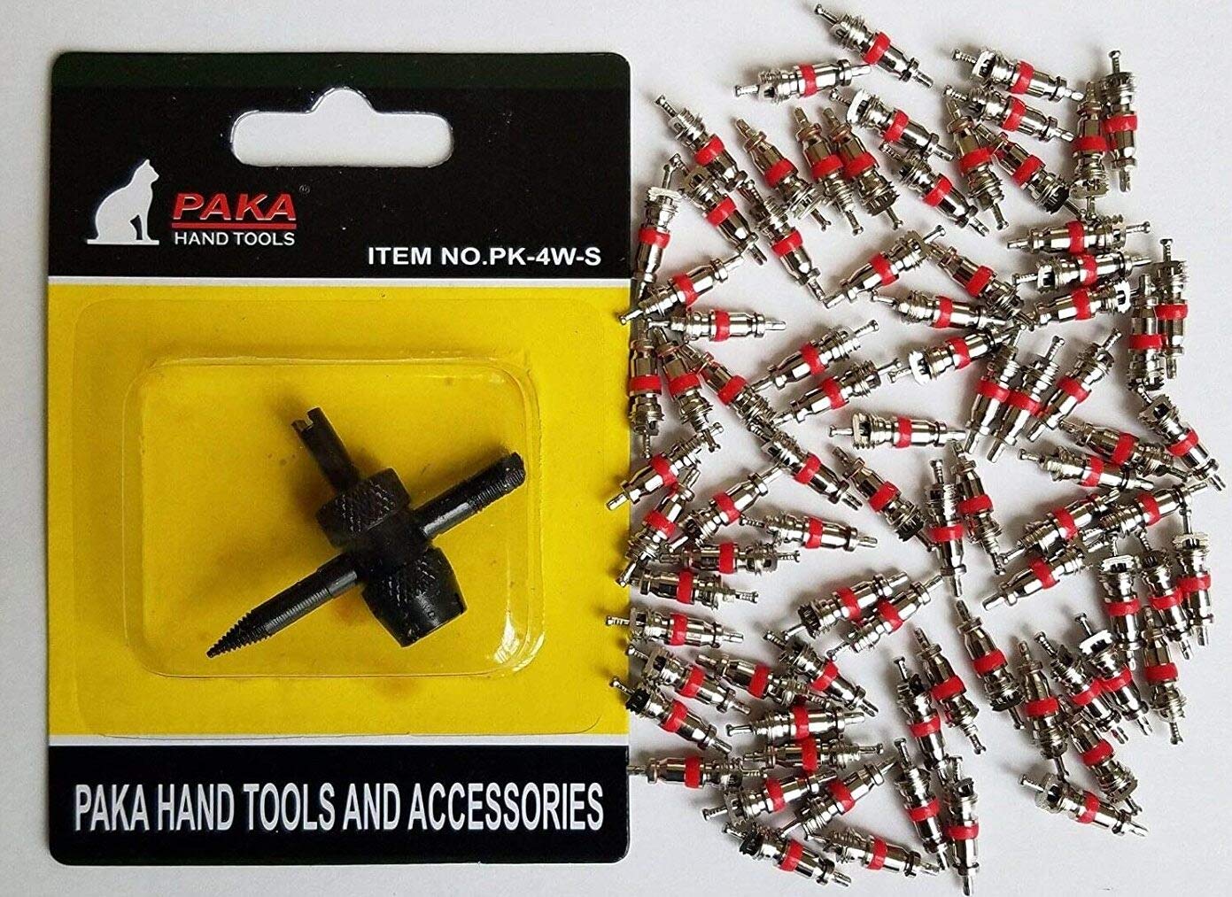 PAKA HAND TOOLS 100 PCS Tire Valve Stem Core & 4-Way Valve Tool