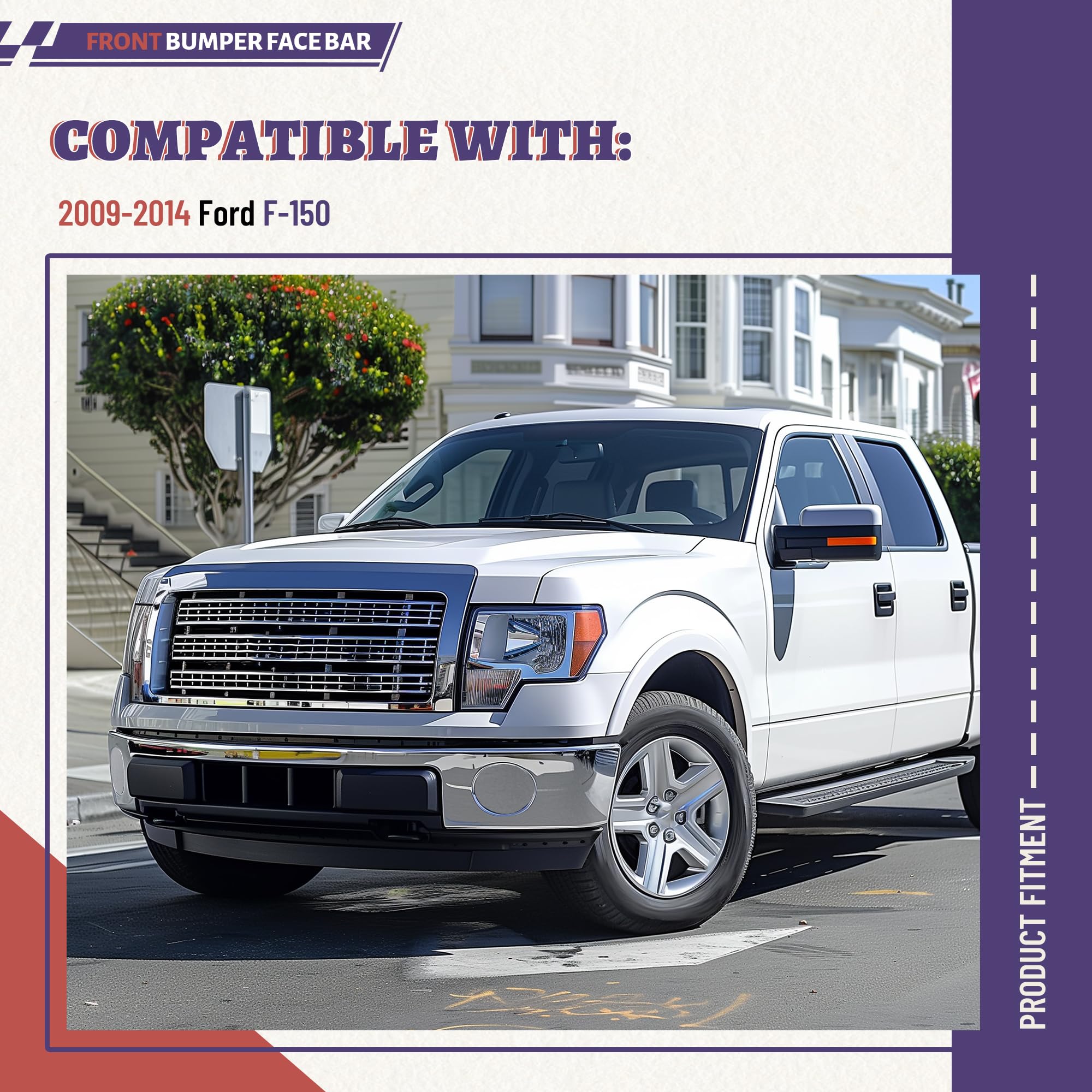 HECASA 3Pcs Front Bumper Face Bar Compatible with 2009-2014 Ford F150 Replacement for 9L3Z17757A FO1002412 Chrome w/o Fog Light Holes Steel Unassembled