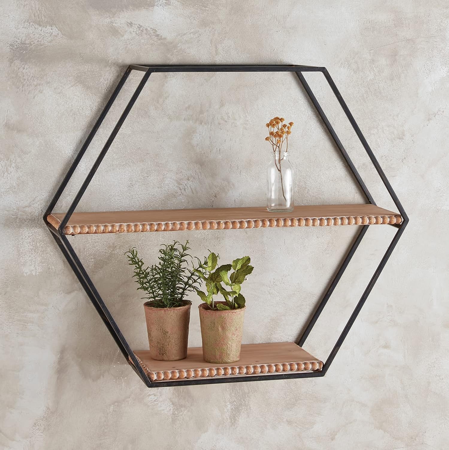 47th & Main Hexagon Wood and Metal Wall Shelf, 24" L x 21" W x 6" H, Beaded