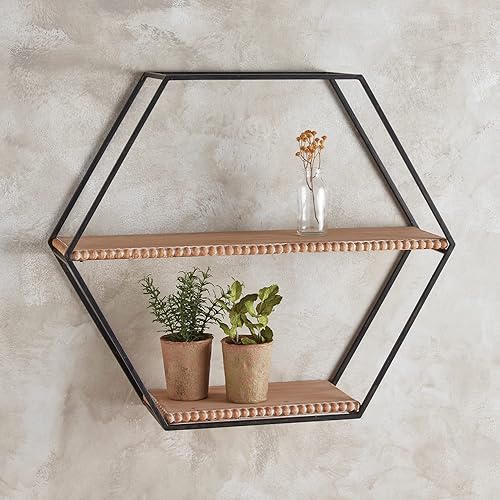 Miniatura 2 de 47th & Main Estante de pared hexagonal de madera y metal, 24 pulgadas de largo x 21 pulgadas de ancho x 6 pulgadas de alto, con cuentas