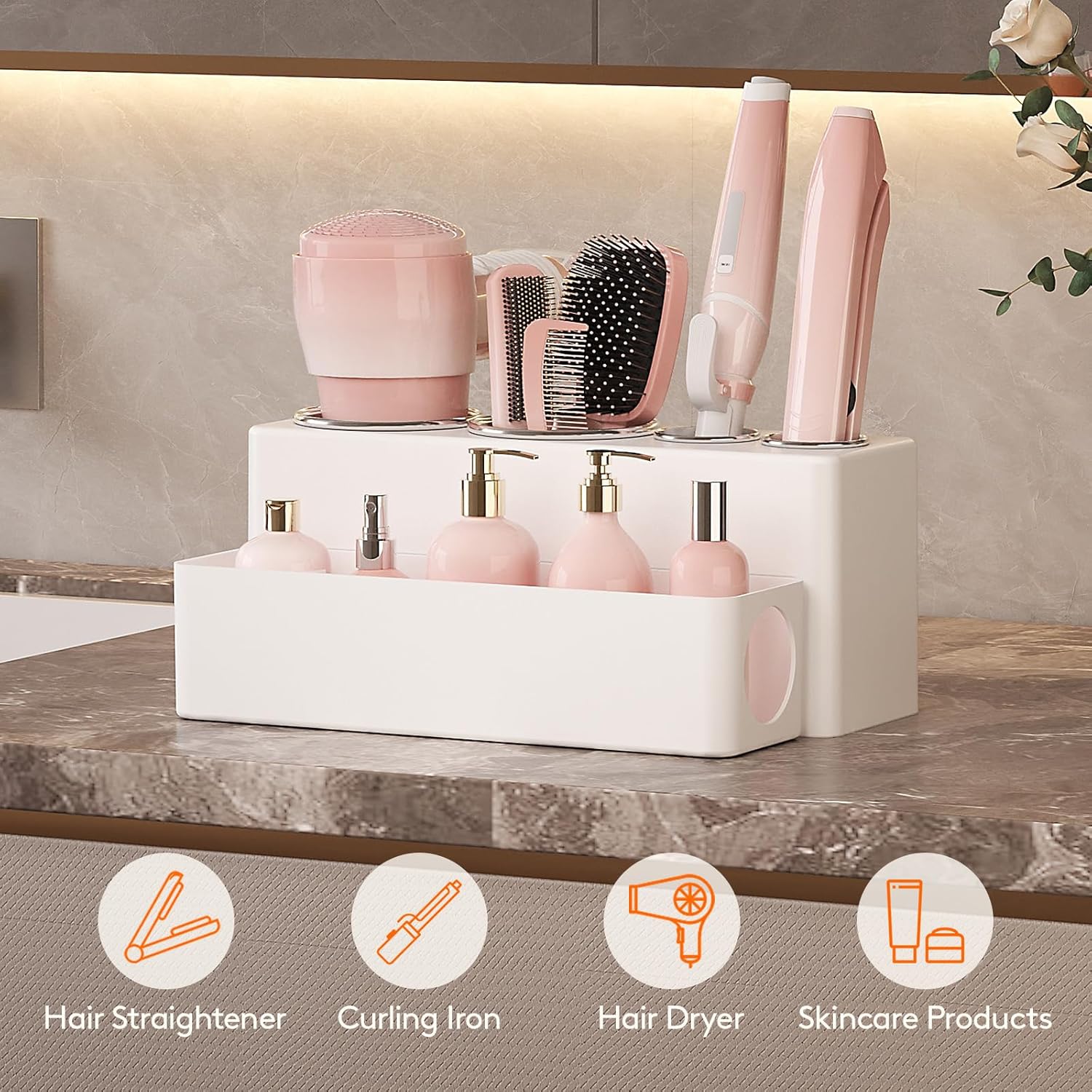 Lifewit Hair Tool Organizer Countertop, Removable Blow Dryer Holder for Bathroom, Acrylic Hot Tools Organizer Storage for Curling Iron, Brush, Straightener, 4 Stainless Cups, White, 30 cm/12 inch(L)