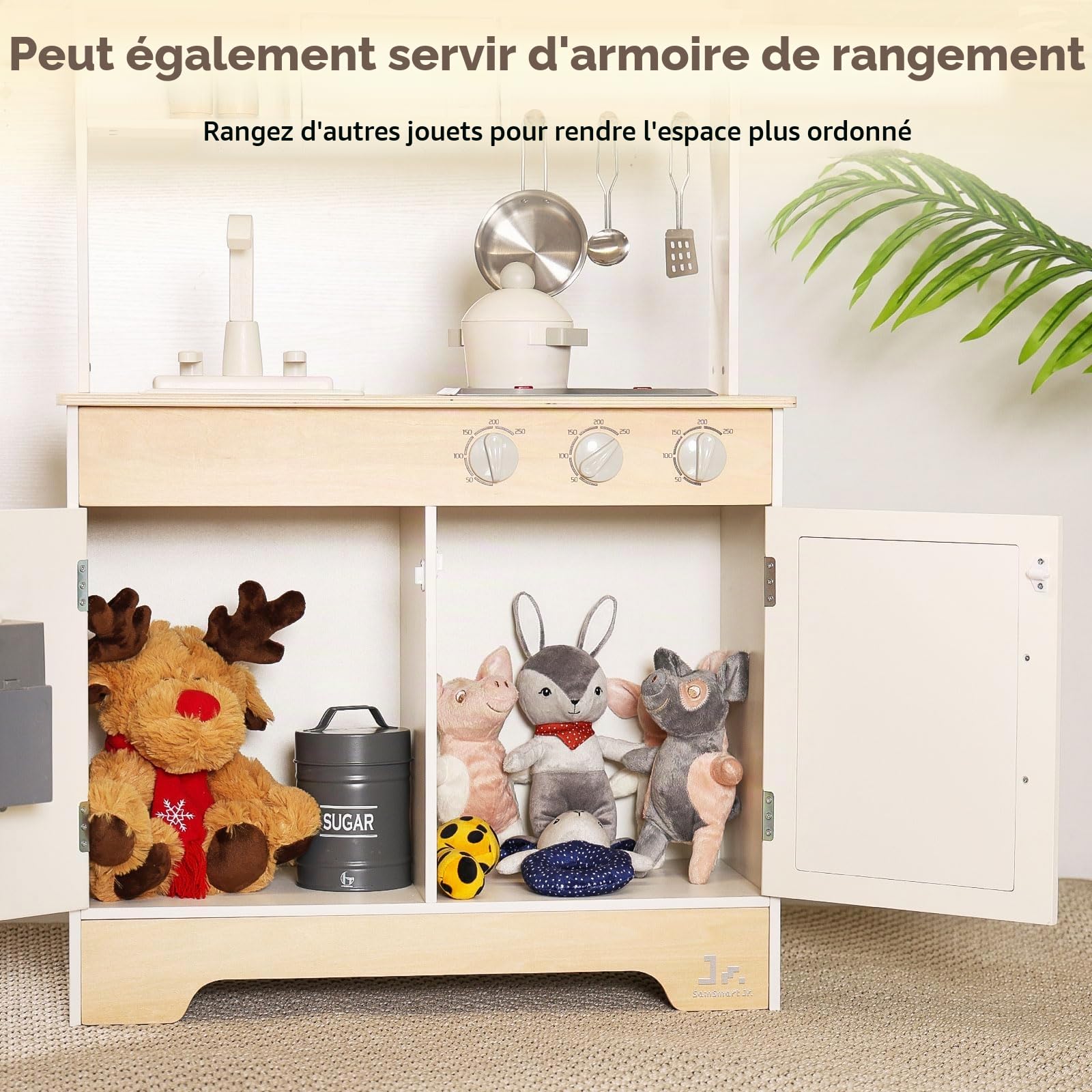 SainSmart Jr. Cuisine de jeu en bois pour enfants, crème – avec son, micro-ondes et évier avec robinet, cuisine pour enfants avec cuisinière, four et réfrigérateur, jeu de rôle dès 3 ans