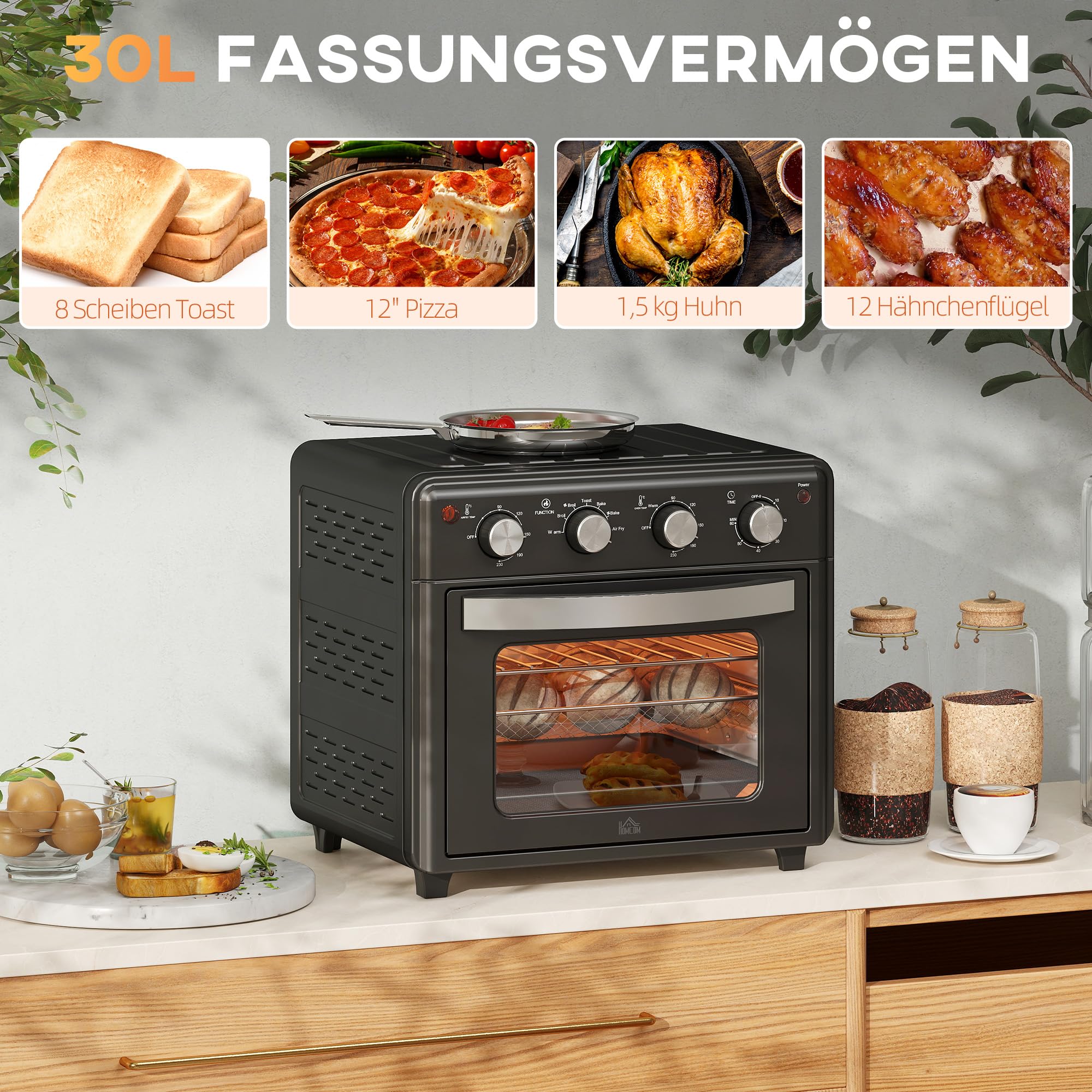 HOMCOM Horno Eléctrico Multifunción de Sobremesa Mini Horno Tostador de 30L 1600W Freidora de Aire con 7 Modos de Calor Temporizador y Temperatura Regulable 43x39x39 cm Negro