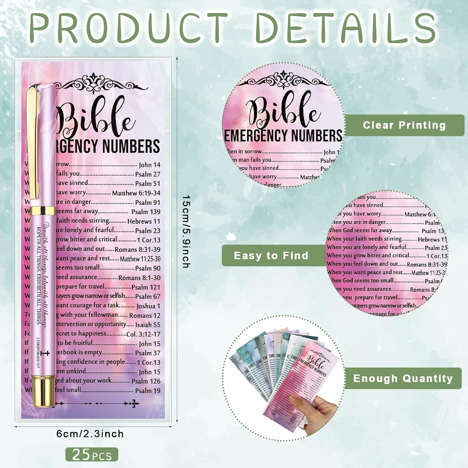 50 Pcs/25 Sets Christian Bookmarks Bible Emergency Numbers Bookmarks with Pens Bulk Religious Gifts for Team Valentines Christian Office Classroom Church Gifts - Image 3