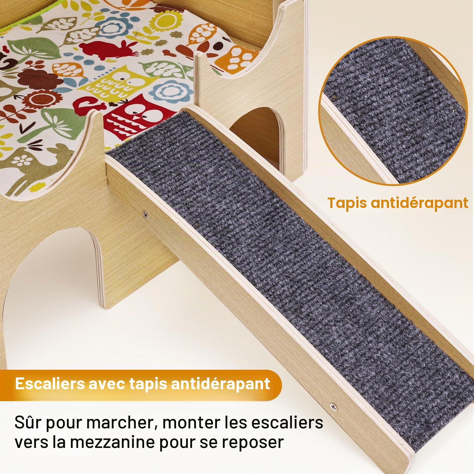 Cabane Cochon d'Inde, Grande Maison Lapin avec Rampe 3 Entrées, Maisonnette pour Rongeurs Nature 38 x 25 x 35cm, Cachette en Bois Petits Animaux de Compagnie, Hamsters Nains, Chinchilla